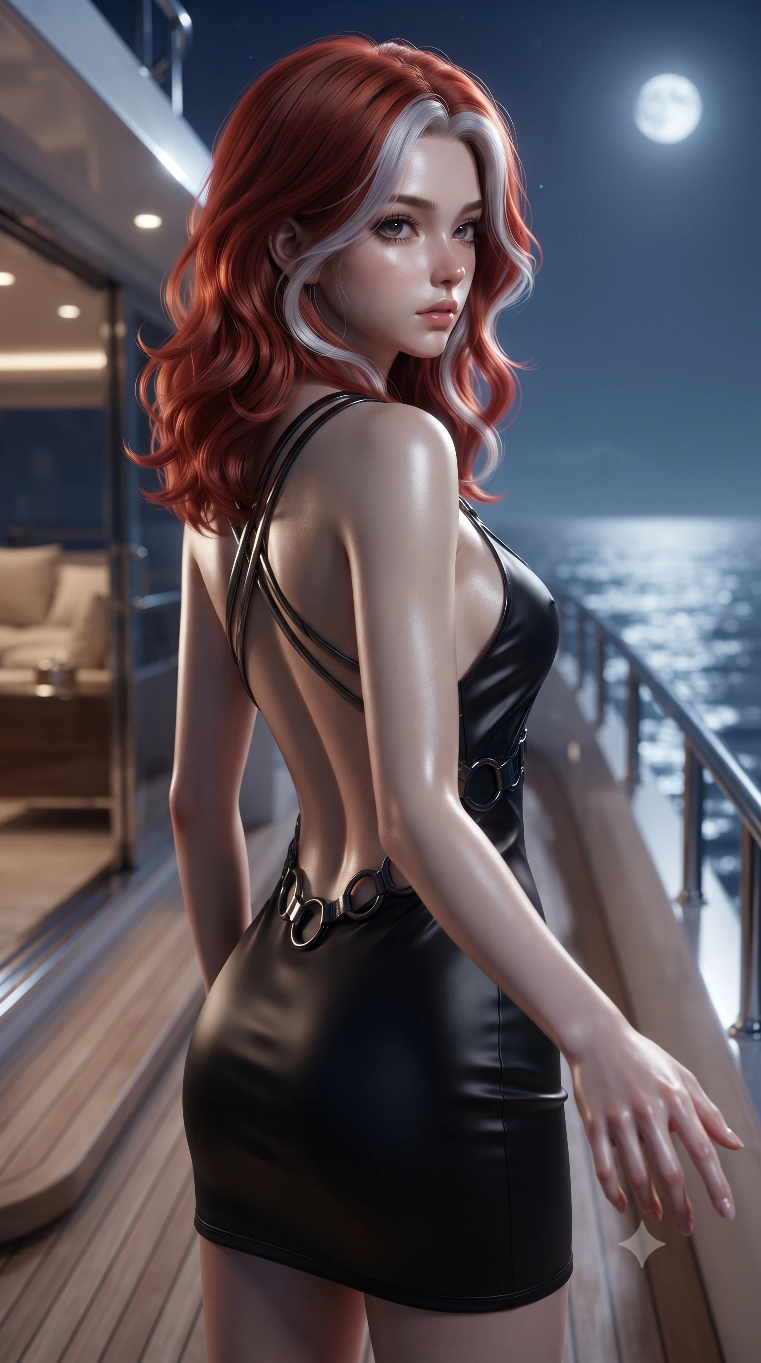 score_9, masterpiece, best quality, ultra-detailed, high-budget anime keyframe, editorial fashion photography, tasteful artistic composition, Caucasian woman. close-up cowboy shot from the waist and thighs up, the character dominates the composition, filling the frame with her large presence, background elements kept in soft focus. Reaching one hand toward the viewer with relaxed sensual elegance, looking back over her shoulder towards the moonlit sea from a private yacht deck, magnetic tranquility with intense visual presence. She has an exceptionally elegant, slender, and willowy female figure with an ultra-slim waist, a gracefully sculpted slender torso, and a refined silhouette. sharp v-shaped jawline, high-bridge nose, intricate jewel-like eyes with depth, thick eyelashes, glossy lips with a natural sheen. wearing dramatically scooped backless dark satin mini dress with criss-cross chrome straps in pitch-black onyx, made of sculpted obsidian metallic chrome, trimmed with dark chrome ring hardware along the waist contours, following her slender form with tailored precision. illuminated by cold silver moonlight rays and soft interior ocean reflections. ultra-reflective glossy finish, specular highlights, metallic sheen, high-contrast stereoscopic depth, volumetric dynamic lighting, 2k, ultra detail, master piece, 9:16 ratio
