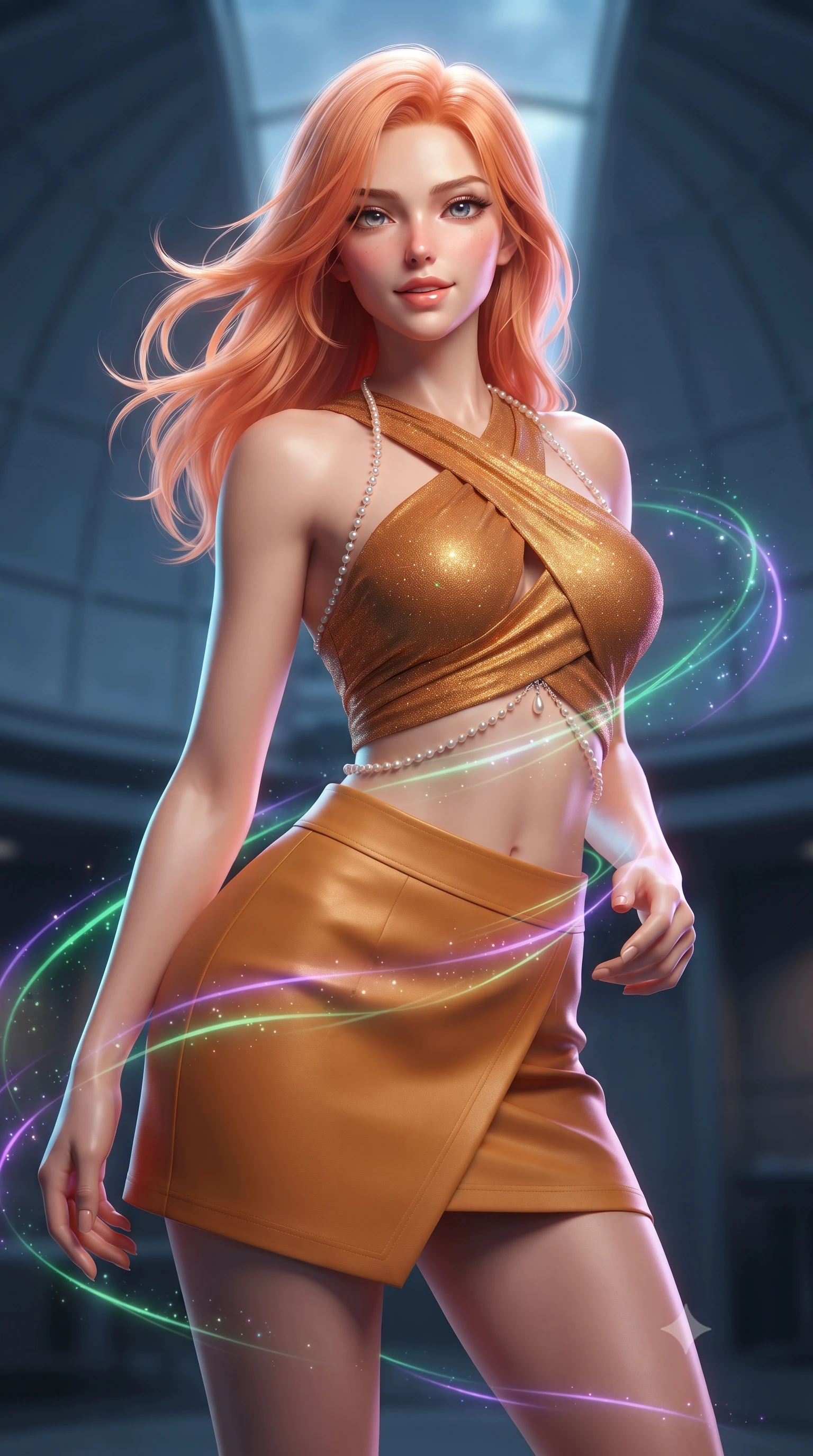 score_9, masterpiece, best quality, ultra-detailed, high-budget anime keyframe, editorial fashion photography, tasteful artistic composition, Japanese woman. close-up cowboy shot from the waist and thighs up, the character dominates the composition, filling the frame with her large presence. turning slowly with an enchanting smoldering smile, her glossy hair tossing in the breeze as her hips angle gracefully in a captivating contrapposto while twisting her slender torso in an alluring S-curve, dancing green and violet aurora ribbons tracing her flat midriff, waist, and hips. The background shows a soft-focus dome slit mechanism softened in mystical high-altitude shallow focus. She has an exceptionally elegant, slender, and willowy female figure with an ultra-slim waist, flat toned midriff, narrow ribcage, and sculpted feminine hips creating an alluring, slim hourglass silhouette without bulk. sharp v-shaped jawline, high-bridge nose, sparkling eyes with hypnotic seductive depth, thick curled eyelashes, glossy parted lips with a natural dewy peach sheen, alluring bedroom-eyes with an enchanting coquettish smile, exuding magnetic siren charisma and sophisticated glamour, flawlessly proportioned anatomical accuracy, strict slender model proportions, natural body alignment, perfectly sculpted long slender limbs, ultra-slim waistline, clean dynamic posture without body distortion. wearing a high-waisted architectural wrap mini skirt with clean structural lines paired with a plunging criss-cross crop top in warm amber honey and antique gold leaf with dark shadow gradients, woven from stretch metallic lurex jersey casting radiant starlight glints across her silhouette, accented with a pearl-drop body harness subtly framing her dewy collarbones and spine, the glove-like clinging cut tightly following the natural contour of her hips and long slender legs with youthful 8.5-heads elegance. illuminated by brass tube specular highlights and sharp cyan-magenta rim lights defining her delicate clavicles, ultra-slim waist, and curvy hips. ultra-reflective glossy finish, specular highlights, rich textural contrasts, high-contrast stereoscopic depth, volumetric dynamic lighting, 2k, ultra detail, master piece, 9:16 ratio
