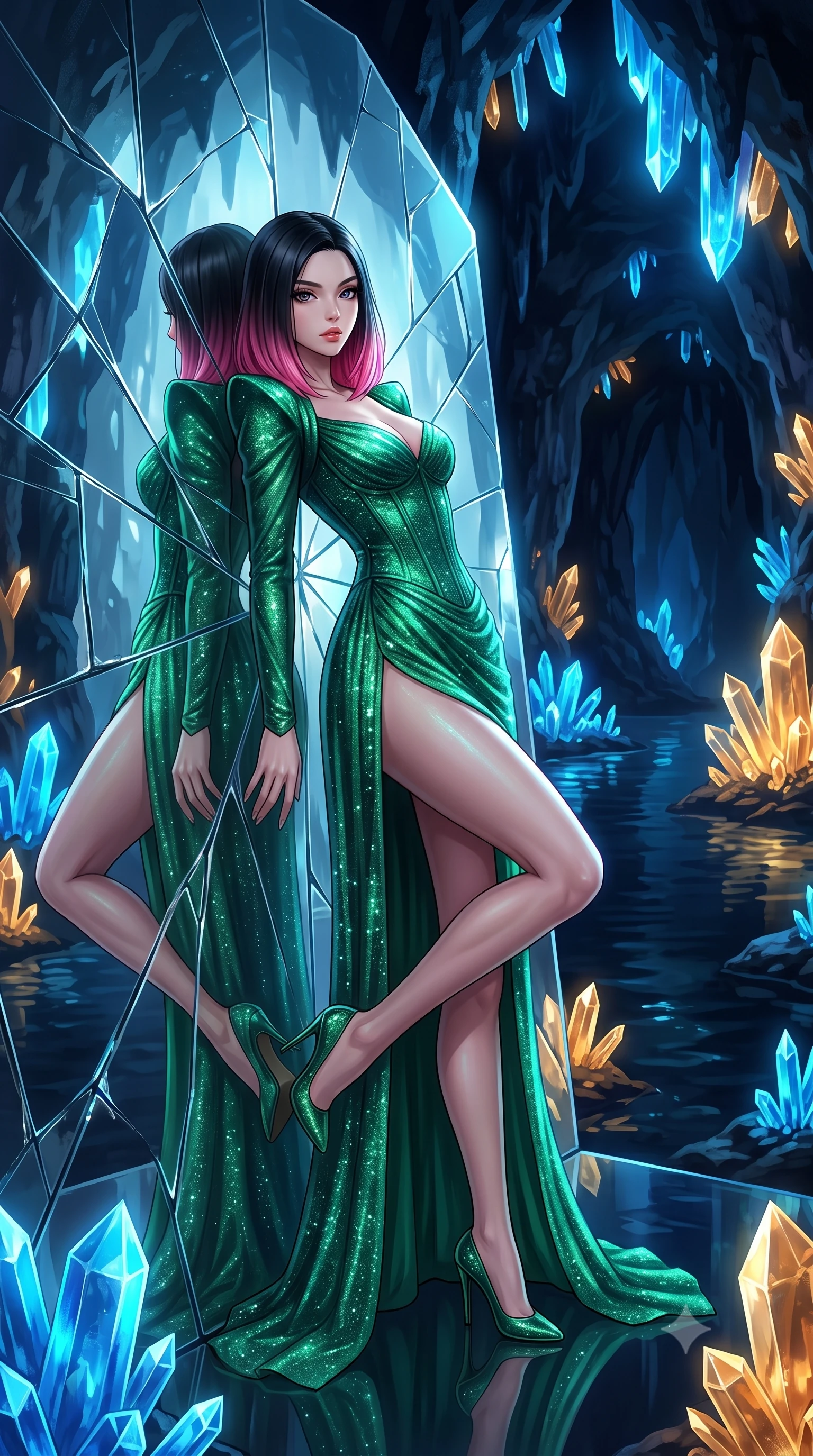score_9, masterpiece, best quality, ultra-detailed, High-budget Anime Keyframe, East Asian woman. Dynamic full-body shot stretching the vertical silhouette to the limit. Scenario 450: leaning back against a wall of virtual mirrors in an underground cave lined with glowing quartz crystals and deep pools. Her presence is magnetic and overpowering in this high-budget anime scene. Outfit 450: a body-hugging emerald green shimmering chiffon corset dress featuring a high-slit skirt and structured shoulders. The clothing is designed to emphasize her exceptionally tall and slender 8-heads proportion. 8-heads proportion, towering silhouette, ultra-slim waist. sharp v-shaped jawline, intricate jewel-like eyes with depth, thick eyelashes, glossy lips. 2k, ultra detail, master piece, 9:16 ratio