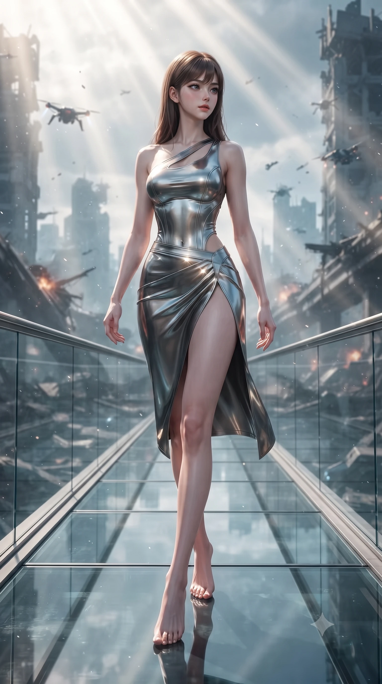 score_9, masterpiece, best quality, ultra-detailed, high-budget anime keyframe, editorial fashion photography, tasteful artistic composition, Korean woman. low angle full-body shot from head to toe showing her feet, filling the entire 9:16 vertical frame with her statuesque presence, stretching her vertical silhouette. walking slowly along a glass skybridge, looking back over her shoulder with an air of effortless grace, the background shows a soft-focus a simulation deck showing a virtual battlefield in a ruined futuristic city. She has an absolutely perfect, statuesque 8.5-heads proportion, an exceptionally tall and slender model-like female figure with impossibly long slender legs and an ultra-slim waist. sharp v-shaped jawline, high-bridge nose, intricate jewel-like eyes with depth, thick eyelashes, glossy lips with a natural sheen. wearing a body-hugging asymmetric one-shoulder nanotech bodice paired with a daring high-slit tactical utility wrap skirt. dramatic volumetric sunbeams slicing through digital dust, creating light rays. ultra-reflective glossy finish, specular highlights, metallic sheen, high-contrast stereoscopic depth, volumetric dynamic lighting, 2k, ultra detail, master piece, 9:16 ratio
