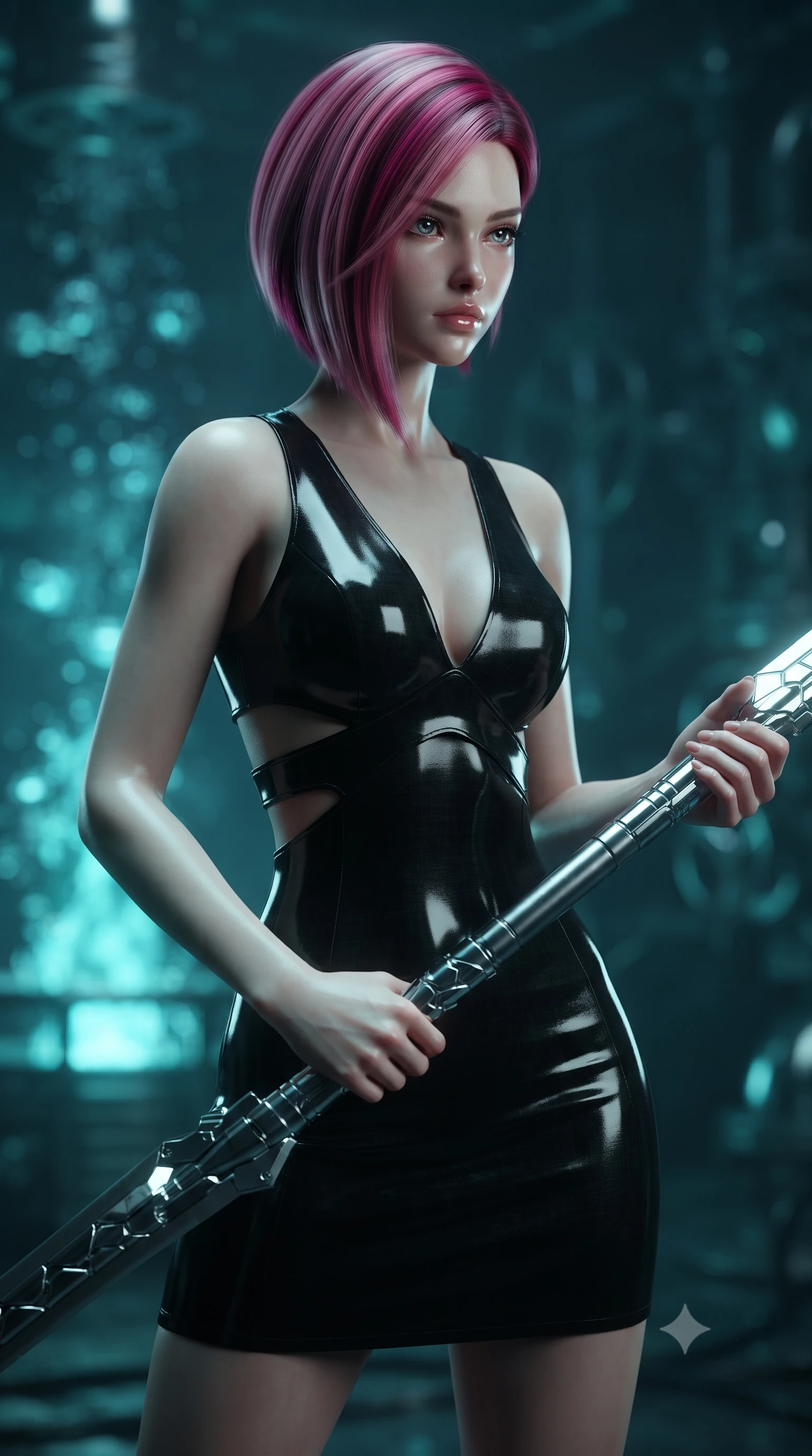 score_9, masterpiece, best quality, ultra-detailed, high-budget anime keyframe, editorial fashion photography, tasteful artistic composition, Caucasian woman. close-up cowboy shot from the waist and thighs up, the character dominates the composition, filling the frame with her large presence, background elements kept in soft focus. holding a deactivated nanotech glaive, looking past the camera with quiet, sharp focus and a composed expression, the background shows a soft-focus an undersea mercury well with bubbling chrome and glowing valve gates. She has an exceptionally elegant, slender, and willowy female figure with an ultra-slim waist, a gracefully sculpted slender torso, and a refined silhouette. sharp v-shaped jawline, high-bridge nose, intricate jewel-like eyes with depth, thick eyelashes, glossy lips with a natural sheen. wearing a form-contouring combat sundress with double waist cutouts and a plunging neckline in carbon-black linen. pulsing turquoise light from underwater geothermal vents casting dynamic shadows. ultra-reflective glossy finish, specular highlights, metallic sheen, high-contrast stereoscopic depth, volumetric dynamic lighting, 2k, ultra detail, master piece, 9:16 ratio