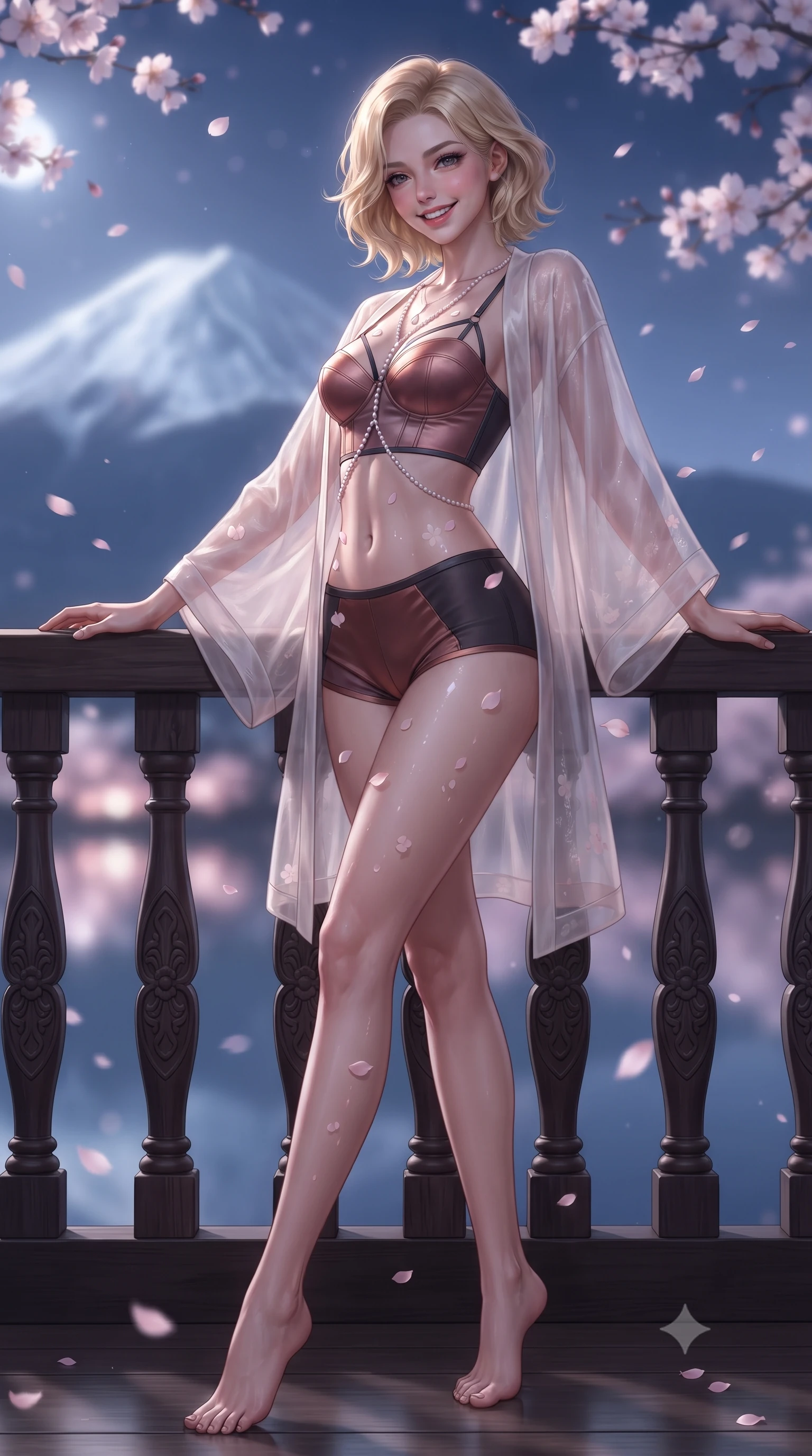 score_9, masterpiece, best quality, ultra-detailed, high-budget anime keyframe, editorial fashion photography, tasteful artistic composition, Caucasian woman. low angle full-body shot from head to toe showing her feet, filling the entire 9:16 vertical frame with her statuesque presence, stretching her vertical silhouette. leaning deep against the balcony balustrade with hips cocked back in an unapologetically alluring high-fashion stance, casting an intoxicating glance while twisting her slender torso in an alluring contrapposto stance, night-blooming cherry blossom petals drifting across her dewy skin and flat midriff. The background shows a soft-focus iconic snow-capped silhouette of Mount Fuji bathed in ethereal moonlight, drifting nocturnal sakura blossoms, and Lake Kawaguchi reflections blurred into pale pink, silver, and indigo bokeh. She has an exceptionally tall and slender model-like 8.5-heads proportion, an ultra-slim waist, a flat toned midriff, narrow delicate ribcage, and beautifully sculpted feminine hips creating a graceful, slim hourglass silhouette without any bulky heaviness, with impossibly long slender legs. sharp v-shaped jawline, high-bridge nose, intricate jewel-like sparkling eyes with depth, thick eyelashes, glossy parted lips with a natural peach sheen, bright cheerful beaming smile with an enchanting and coquettish sensual glint, exuding both youthful cute charm and seductive allure, flawlessly proportioned anatomical accuracy, strict slender model proportions, natural body alignment, perfectly sculpted long slender limbs, ultra-slim waistline, clean dynamic posture without body distortion. wearing a translucent gossamer silk robe with wide kimono sleeves worn open over a strappy satin demi-bustier and micro-shorts in sultry copper rose and deep shadow charcoal, made of fluid liquid jersey with seamless sculpting hold and smooth contours, accented with a pearl-drop body harness subtly framing her dewy collarbones and spine, the form-contouring silhouette accentuating her sculpted flat midriff, narrow delicate ribcage, and gracefully curvy hips with intoxicating allure. illuminated by hot spring caustics bounce and sharp platinum-rose rim lights sculpting her cheekbones, flat midriff, and curvaceous hips. ultra-reflective glossy finish, specular highlights, rich textural contrasts, high-contrast stereoscopic depth, volumetric dynamic lighting, 2k, ultra detail, master piece, 9:16 ratio