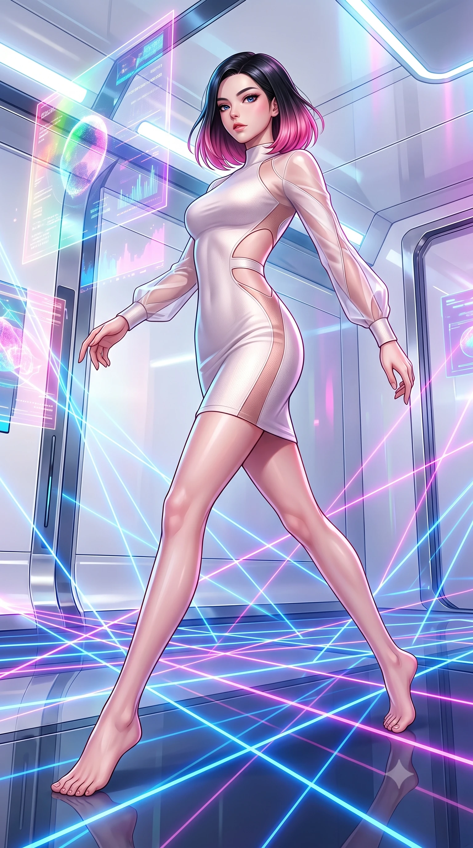 score_9, masterpiece, best quality, ultra-detailed, high-budget anime keyframe, editorial fashion photography, tasteful artistic composition, Korean woman. low angle full-body shot from head to toe showing her feet, filling the entire 9:16 vertical frame with her statuesque presence, stretching her vertical silhouette. stepping forward in a proud dynamic stride, her vertical silhouette filling the frame with statuesque presence while leaping across a grid of shifting laser beams while turning to gaze at the camera, sleek reflective white and chrome surfaces emphasizing ultra-clean lines. She has an absolutely perfect, statuesque 8.5-heads proportion, an exceptionally tall and slender model-like female figure with impossibly long slender legs and an ultra-slim waist. sharp v-shaped jawline, high-bridge nose, intricate jewel-like eyes with depth, thick eyelashes, glossy lips with a natural sheen, flawlessly proportioned anatomical accuracy, natural body alignment, perfectly sculpted elegant limbs, clean dynamic posture without body distortion. wearing a sleek bodycon knit dress with strategic sheer organza sleeve panels in pearl white and rose gold, woven from fine semi-opaque sheer organza, featuring clean architectural cutouts along her slender torso, the glove-like fit emphasizing her statuesque silhouette during motion. illuminated by radiant holographic displays and intense laser beam highlights. highly saturated vibrant anime colors, detailed shading with soft gradients, rich glossy textures, high-contrast stereoscopic depth, volumetric dynamic lighting, master piece, 9:16 ratio