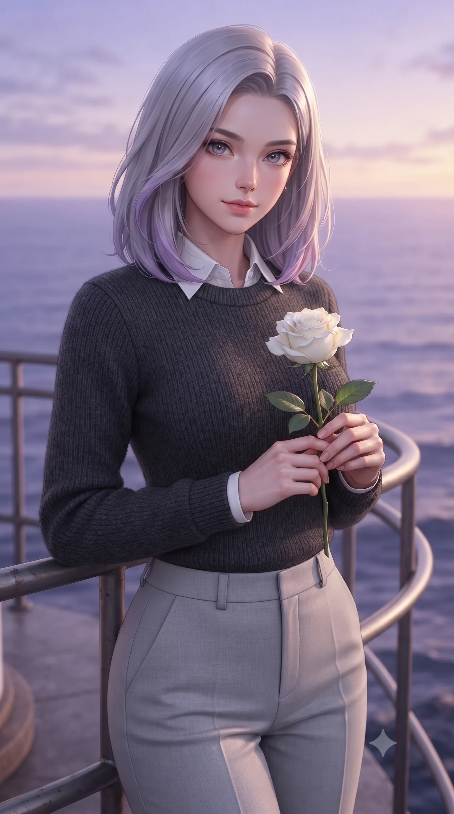 score_9, masterpiece, best quality, ultra-detailed, high-budget anime keyframe, editorial fashion photography, tasteful artistic composition, Caucasian woman woman. close-up cowboy shot from the waist and thighs up, the character dominates the composition, filling the frame with her large presence, background elements kept in soft focus. gazing directly at the viewer with a calm and welcoming expression, holding a fresh flower the background shows a soft-focus a metal balcony of a coastal lighthouse with a wide view of the ocean horizon. She has an exceptionally elegant, slender, and willowy female figure with an ultra-slim waist, a gracefully sculpted slender torso, and a refined silhouette. sharp v-shaped jawline, high-bridge nose, intricate jewel-like eyes with depth, thick eyelashes, glossy lips with a natural sheen. wearing a form-contouring cozy charcoal knit sweater over a white collared shirt and light grey slacks. romantic dusk lighting with a gradient of violet and orange sky. ultra-reflective glossy finish, specular highlights, metallic sheen, high-contrast stereoscopic depth, volumetric dynamic lighting, 2k, ultra detail, master piece, 9:16 ratio