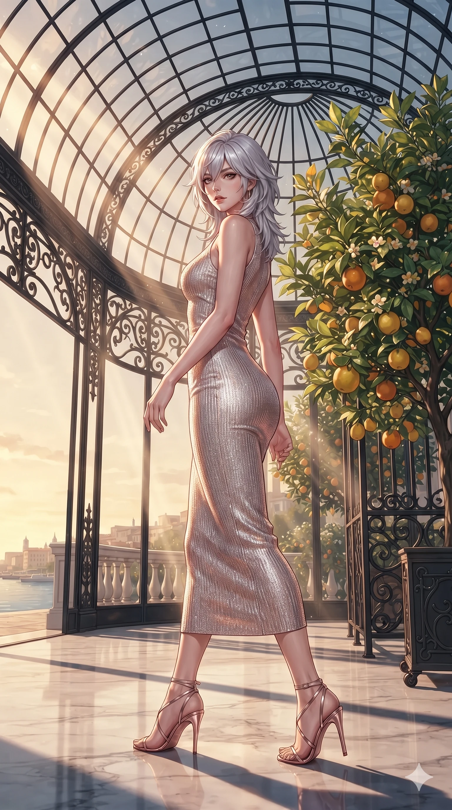 score_9, masterpiece, best quality, ultra-detailed, high-budget anime keyframe, editorial fashion photography, tasteful artistic composition, Japanese woman. low angle full-body shot from head to toe showing her feet, filling the entire 9:16 vertical frame with her statuesque presence, stretching her vertical silhouette. walking along the waterfront terrace with poise, looking back over her bare shoulder with an irresistible smoldering bedroom-gaze while standing poised beneath the soaring curved glass ceiling beside a flowering citrus tree, arching her spine with ethereal siren poise as afternoon sunbeams lance through glass panes. The surrounding environment is rendered in vivid detail and crisp panoramic clarity: sharp marble bust facial carvings, waxy green citrus leaves, and crisp wrought-iron window frames in deep focus. She has an exceptionally tall and slender model-like 8.5-heads proportion, an ultra-slim waist, a flat toned midriff, narrow delicate ribcage, and beautifully sculpted feminine hips creating a graceful, slim hourglass silhouette without any bulky heaviness, with impossibly long slender legs. sharp v-shaped jawline, high-bridge nose, intricate jewel-like sparkling eyes with depth, thick eyelashes, glossy parted lips with a natural sheen, intensely captivating and seductive bedroom-eyes expression, exuding both youthful cute charm and sovereign luxury allure, flawlessly proportioned anatomical accuracy, strict slender model proportions, natural body alignment, perfectly sculpted long slender limbs, ultra-slim waistline, clean dynamic posture without body distortion. wearing a body-contouring metallic lurex knit column dress casting radiant starlight shimmer across her flat midriff in celestial porcelain white and rose-gold, tailored from high-gloss patent leather with mirror-like specular highlights, complemented by strappy stiletto sandals with metallic ankle wraps accentuating her slender calves, the liquid-tight tailored fabric clinging flawlessly to her narrow waist and rounded feminine hips, emphasizing every millimeter of her sculpted slim hourglass curves without any bulky heaviness. bathed in the radiant, sun-drenched greenhouse light filtering through textured glass panes creating high-contrast dappled highlights. ultra-reflective glossy finish, specular highlights, rich textural contrasts, high-contrast stereoscopic depth, volumetric dynamic lighting, 2k, ultra detail, master piece, 9:16 ratio