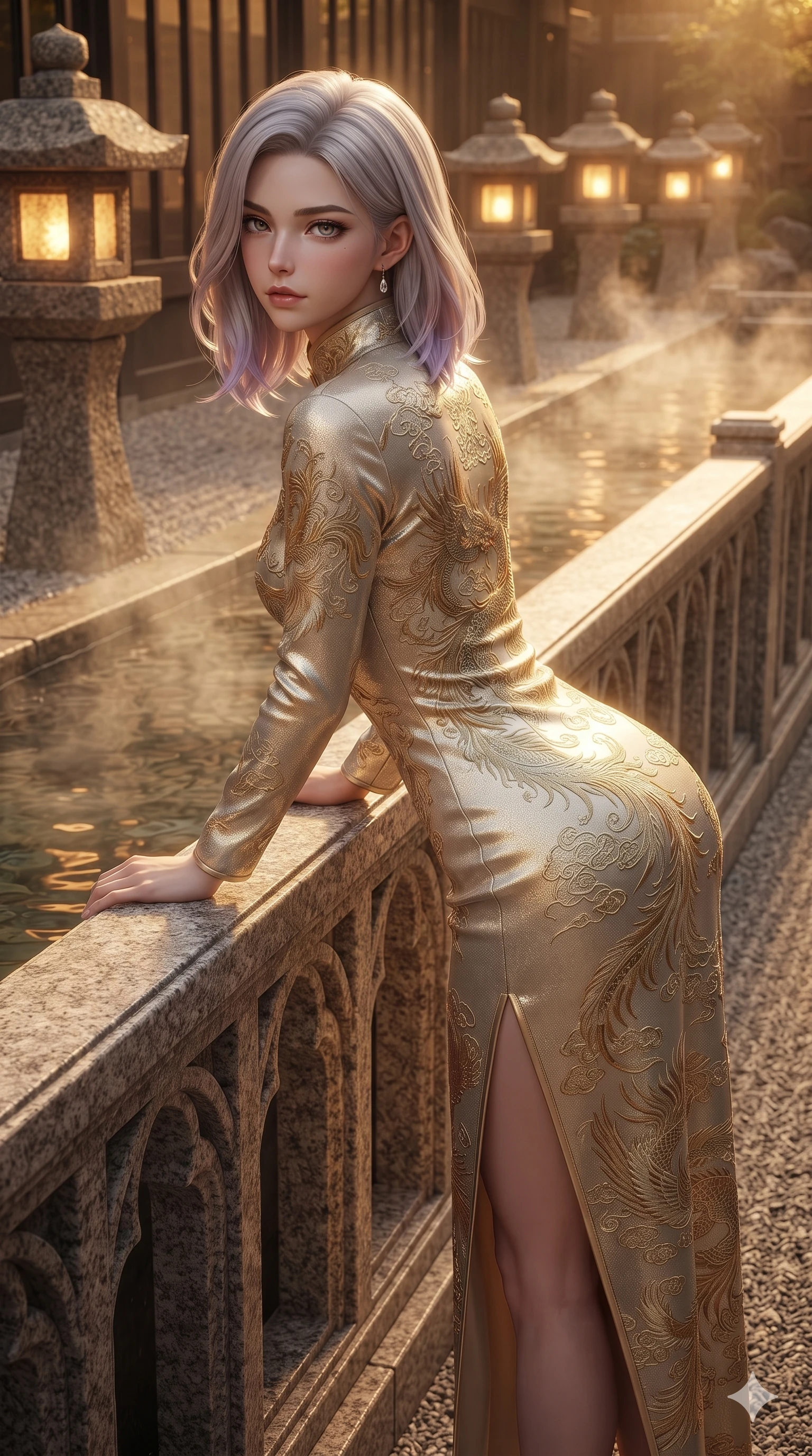 score_9, masterpiece, best quality, ultra-detailed, high-budget anime keyframe, editorial fashion photography, tasteful artistic composition, Caucasian woman. close-up cowboy shot from the waist and thighs up, the character dominates the composition, filling the frame with her large presence. leaning forward over the carved stone gothic balustrade, looking back with sleepy seductive bedroom-eyes as water reflections dance across her silhouette while standing poised beside the steaming thermal spring channel, arching her spine with ethereal siren poise as warm stone lantern light washes over her. The surrounding environment is rendered in vivid detail and crisp panoramic clarity: sharp gravel rake lines, rough-hewn granite lantern textures, and crisp water ripple edges in deep focus. She has an exceptionally elegant, slender, and willowy female figure with an ultra-slim waist, flat toned midriff, narrow ribcage, and sculpted feminine hips creating an alluring, slim hourglass silhouette without bulk. sharp v-shaped jawline, high-bridge nose, intricate jewel-like sparkling eyes with depth, thick eyelashes, glossy parted lips with a natural sheen, intensely captivating and seductive bedroom-eyes expression, exuding both youthful cute charm and sovereign luxury allure, flawlessly proportioned anatomical accuracy, strict slender model proportions, natural body alignment, perfectly sculpted long slender limbs, ultra-slim waistline, clean dynamic posture without body distortion. wearing an aristocratic high-neck Mandarin collar long-sleeve silk cheongsam evening gown with embroidered dragon-and-phoenix crests in Istrian stone cream and antique gold-leaf, crafted from luxurious metallic lamé that shifts radiance with every step, finished with a minimalist chrome choker and a single teardrop diamond pendant, the impeccably tailored cut draping gracefully along her slender figure with aristocratic poise. bathed in the rich, intimate 2400K golden radiance of stone lanterns and underwater spring channels. ultra-reflective glossy finish, specular highlights, rich textural contrasts, high-contrast stereoscopic depth, volumetric dynamic lighting, 2k, ultra detail, master piece, 9:16 ratio