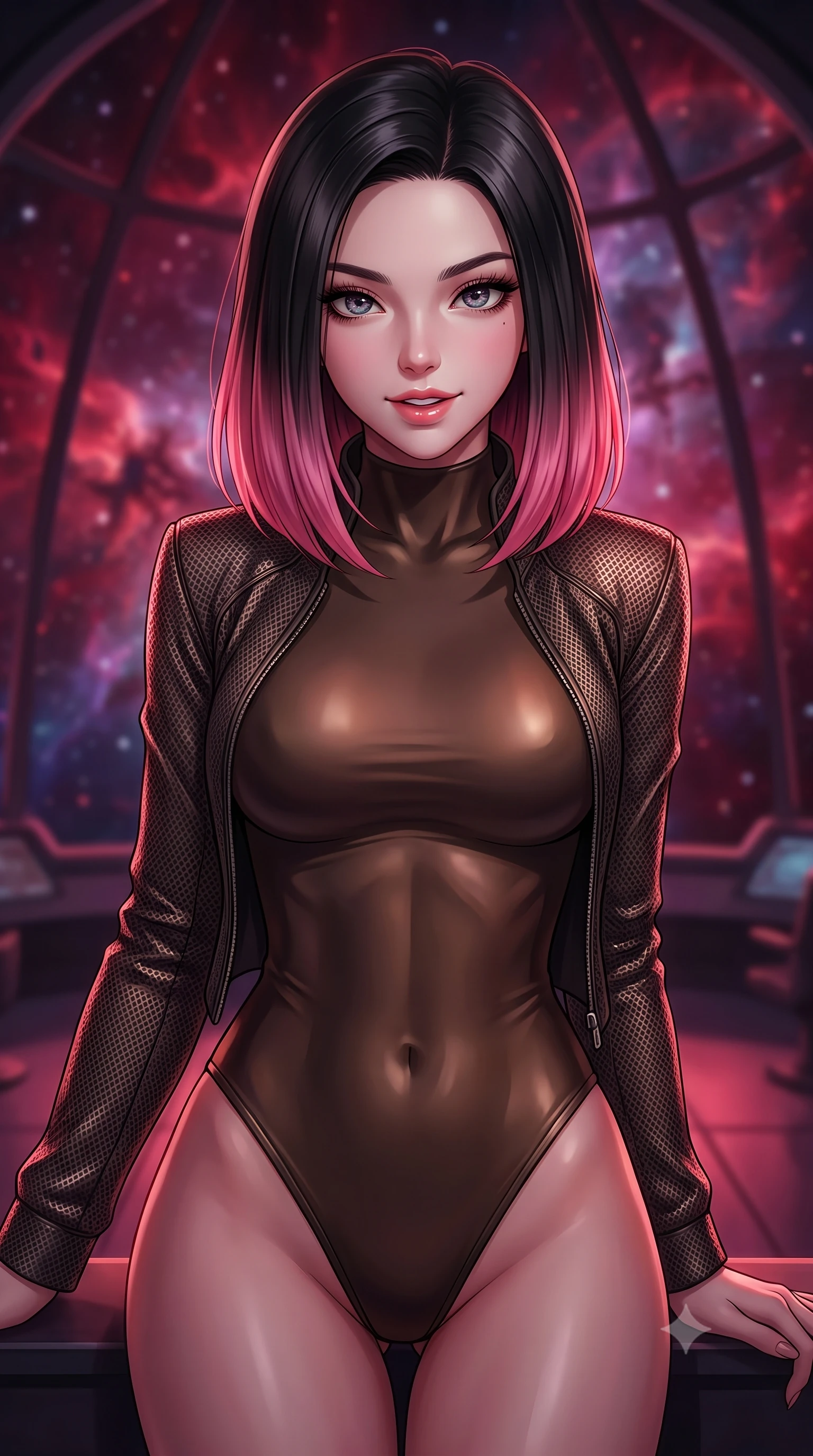 score_9, masterpiece, best quality, ultra-detailed, high-budget anime keyframe, editorial fashion photography, tasteful artistic composition, Korean woman. close-up cowboy shot from the waist and thighs up, the character dominates the composition, filling the frame with her large presence, background elements kept in soft focus. leaning slightly forward with a playful, teasing smile, her gaze locked onto the viewer with lips parted in a composed pose, the background shows a soft-focus a space cruiser dome balcony looking at a massive cosmic nebula. She has an exceptionally elegant, slender, and willowy female figure with an ultra-slim waist, a gracefully sculpted slender torso, and a refined silhouette. sharp v-shaped jawline, high-bridge nose, intricate jewel-like eyes with depth, thick eyelashes, glossy lips with a natural sheen. wearing a body-hugging form-fitting high-neck bodysuit in dark bronze, worn under a tailored open carbon-mesh tactical jacket. deep crimson and violet nebula gas light painting the room in a cosmic wash. highly saturated vibrant anime colors, detailed shading with soft gradients, rich glossy textures, high-contrast stereoscopic depth, volumetric dynamic lighting, master piece, 9:16 ratio