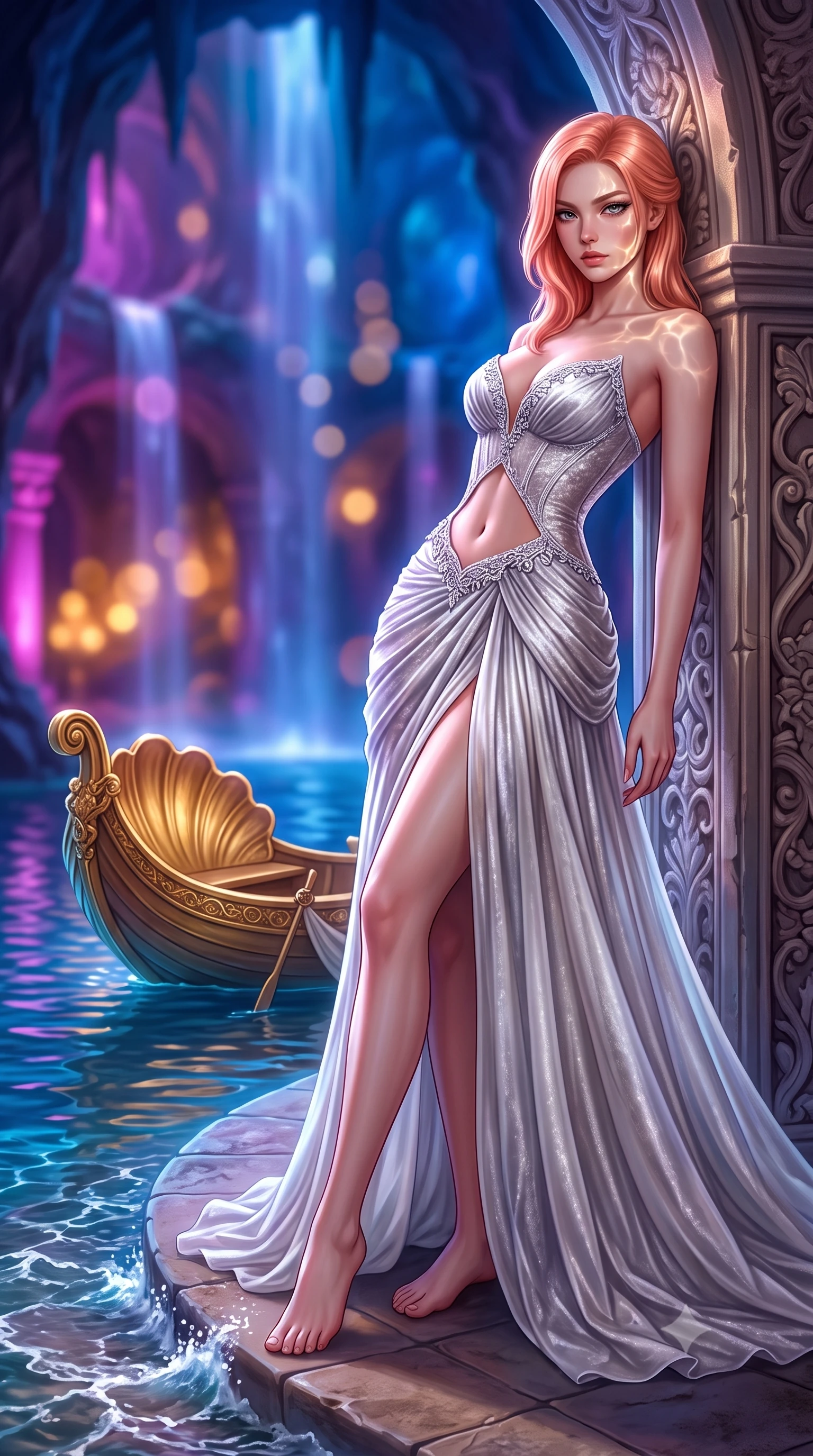 score_9, masterpiece, best quality, ultra-detailed, high-budget anime keyframe, semi-realistic 3D game render, editorial fashion photography, tasteful artistic composition, Japanese woman. low angle full-body shot from head to toe showing her feet, filling the entire 9:16 vertical frame with her statuesque presence, stretching her vertical silhouette. leaning deep against the structural architecture with hips cocked in an unapologetically bold, seductive high-fashion stance while standing on the edge of the subterranean illuminated lake beside King Ludwig's ornate golden shell boat, arching her back as artificial waves lap at stone shores. The composition keeps background elements in soft focus with creamy bokeh. theatrical magenta and azure cave floodlights and cascading artificial waterfalls blurred into glowing sapphire, amethyst, and molten gold bokeh. She has an exceptionally tall and slender model-like 8.5-heads proportion, an ultra-slim waist, a flat toned midriff, narrow delicate ribcage, and beautifully sculpted feminine hips creating a graceful, slim hourglass silhouette without any bulky heaviness, with impossibly long slender legs. sharp v-shaped jawline, high-bridge nose, intricate jewel-like eyes with depth, thick eyelashes, glossy parted lips with a natural sheen, intensely captivating and seductive bedroom-eyes expression, flawlessly proportioned anatomical accuracy, strict slender model proportions, natural body alignment, perfectly sculpted long slender limbs, ultra-slim waistline, clean dynamic posture without body distortion. wearing a deep sweetheart neckline crushed velvet corseted ballgown with an exposed midriff cutout in shimmering silver mercury and pearl white, woven from layered gossamer chiffon with a weightless sweeping drape, finished with delicate crystal frost embroidery tracing the plunging neckline, the form-contouring material adhering flawlessly to her sculpted flat midriff and slender torso, emphasizing her long leg lines and perfectly proportioned willowy build. illuminated by shimmering pool water caustics sharply sculpting her razor-sharp jawline, narrow waist, and curvy hips. highly saturated vibrant anime colors, detailed shading with soft gradients, rich glossy textures, high-contrast stereoscopic depth, volumetric dynamic lighting, master piece, 9:16 ratio