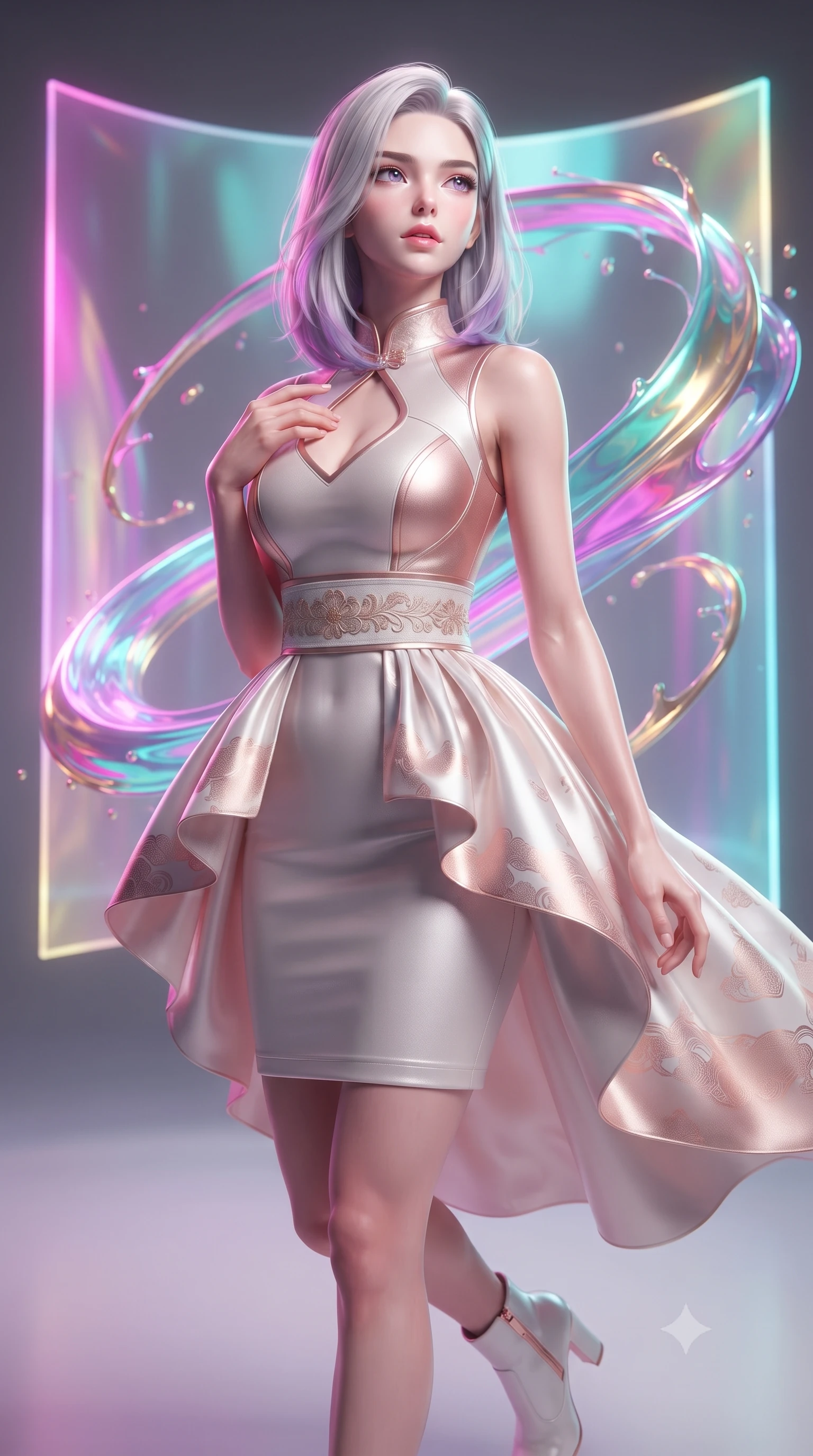 score_9, masterpiece, best quality, ultra-detailed, high-budget anime keyframe, editorial fashion photography, tasteful artistic composition, Caucasian woman. close-up cowboy shot from the waist and thighs up, the character dominates the composition, filling the frame with her large presence, background elements kept in soft focus. Tilting her chin up slightly with lips parted in a magnetic, composed expression poised before a giant holographic canvas emitting luminous color arcs, swirling ribbons of magenta, turquoise, and gold liquid paint in zero-gravity. She has an exceptionally elegant, slender, and willowy female figure with an ultra-slim waist, a gracefully sculpted slender torso, and a refined silhouette. sharp v-shaped jawline, high-bridge nose, intricate jewel-like eyes with depth, thick eyelashes, glossy lips with a natural sheen. wearing a modern fusion silk hanbok dress with a structured bodice in pearl white and rose gold, formed from sleek second-skin neoprene, accented with a Tasteful chest slit framing her clavicle gracefully, the sleek second-skin texture accentuating her magnetic presence. drenched in bright white key light with colorful prismatic rim lighting. highly saturated vibrant anime colors, detailed shading with soft gradients, rich glossy textures, high-contrast stereoscopic depth, volumetric dynamic lighting, master piece, 9:16 ratio