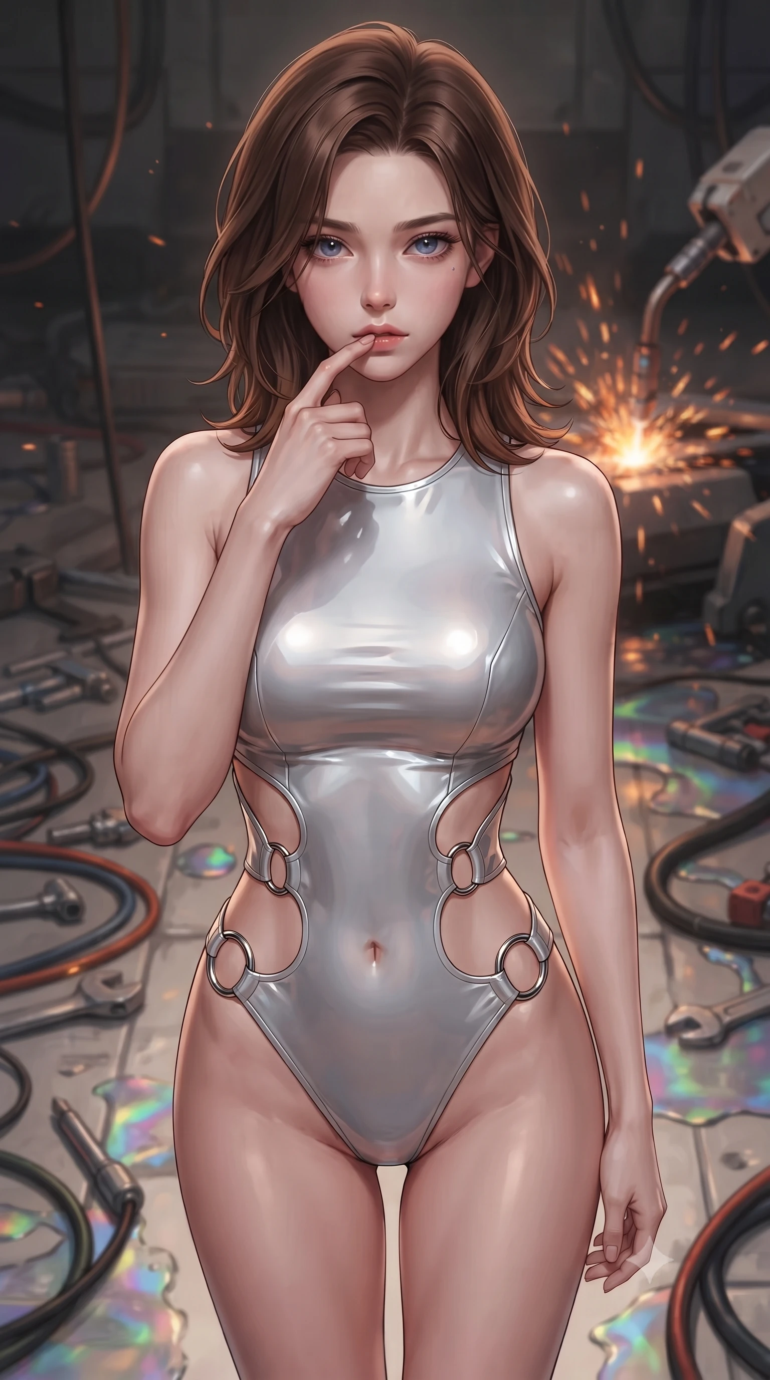 score_9, masterpiece, best quality, ultra-detailed, high-budget anime keyframe, editorial fashion photography, tasteful artistic composition, Korean woman. close-up cowboy shot from the waist and thighs up, the character dominates the composition, filling the frame with her large presence, background elements kept in soft focus. pressing one finger to her bottom lip in a thoughtful, composed gesture, locking eyes with the viewer, the background shows a soft-focus a mech maintenance trench filled with tools and leaking synthetic hydraulic oil. She has an exceptionally elegant, slender, and willowy female figure with an ultra-slim waist, a gracefully sculpted slender torso, and a refined silhouette. sharp v-shaped jawline, high-bridge nose, intricate jewel-like eyes with depth, thick eyelashes, glossy lips with a natural sheen. wearing a form-contouring light carbon-plate combat bodysuit featuring dramatic geometric open-waist cutouts framed by chrome ring hardware. warm orange sparks flying from a robotic welding torch casting cozy shadows. ultra-reflective glossy finish, specular highlights, metallic sheen, high-contrast stereoscopic depth, volumetric dynamic lighting, 2k, ultra detail, master piece, 9:16 ratio