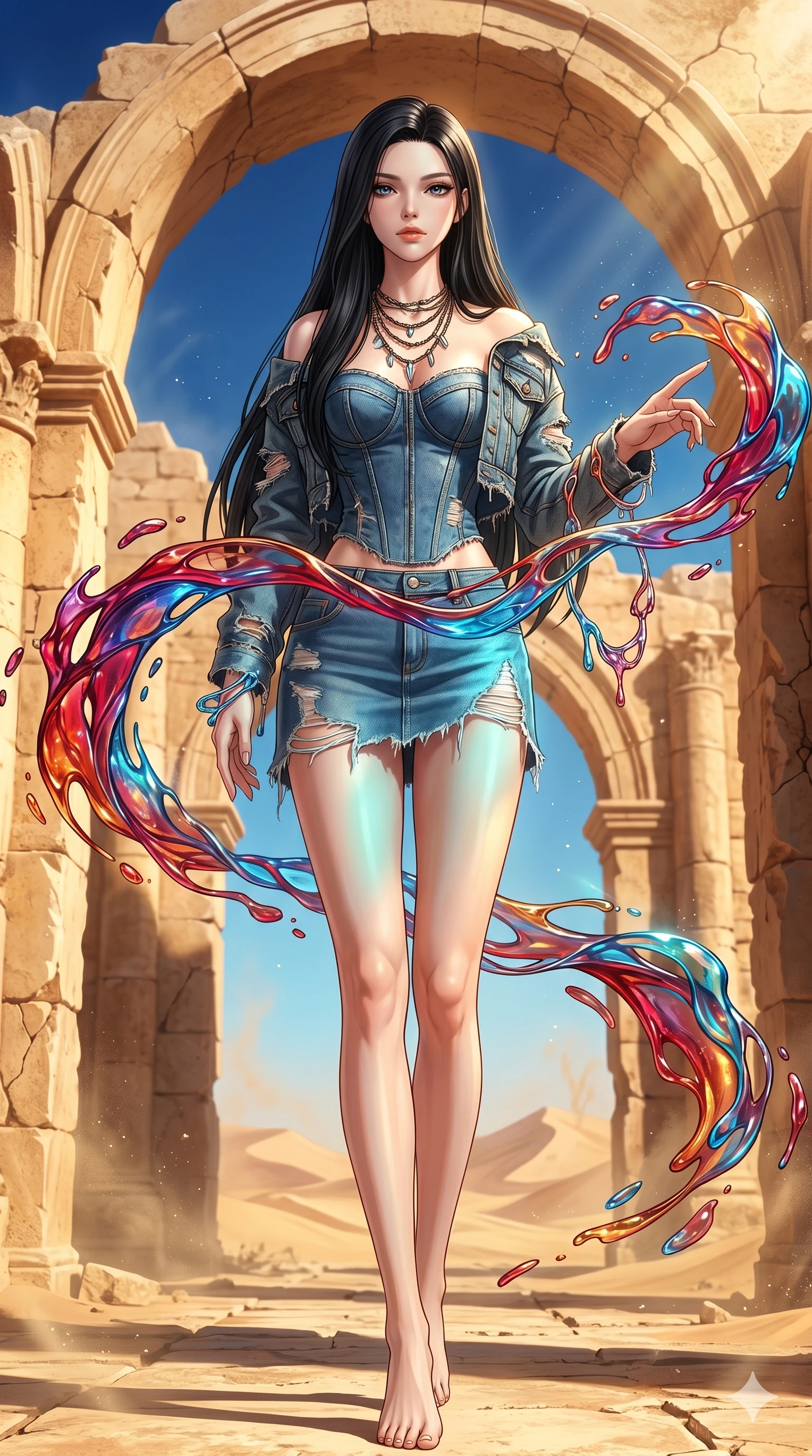score_9, masterpiece, best quality, ultra-detailed, high-budget anime keyframe, Japanese woman. low angle full-body shot filling the entire 9:16 frame with her statuesque presence, stretching the vertical silhouette. interacting with liquid stained-glass that melts and swirls in mid-air inside a crumbling desert ruin, the fluid jewelry floating in suspension. She has an absolutely perfect 8-heads proportion, an exceptionally tall and slender female figure with impossibly long slender legs and an ultra-slim waist. V-shaped jawline, high-bridge nose, intricate jewel-like eyes with depth, thick eyelashes, glossy lips with a natural sheen.. wearing a deconstructed denim corset and an asymmetric ripped denim micro-skirt, showcasing a rugged yet chic off-shoulder style. showcasing a beautiful play of light and shadow, with warm golden rays clashing against cool cyan highlights. 2k, ultra detail, master piece, 9:16 ratio