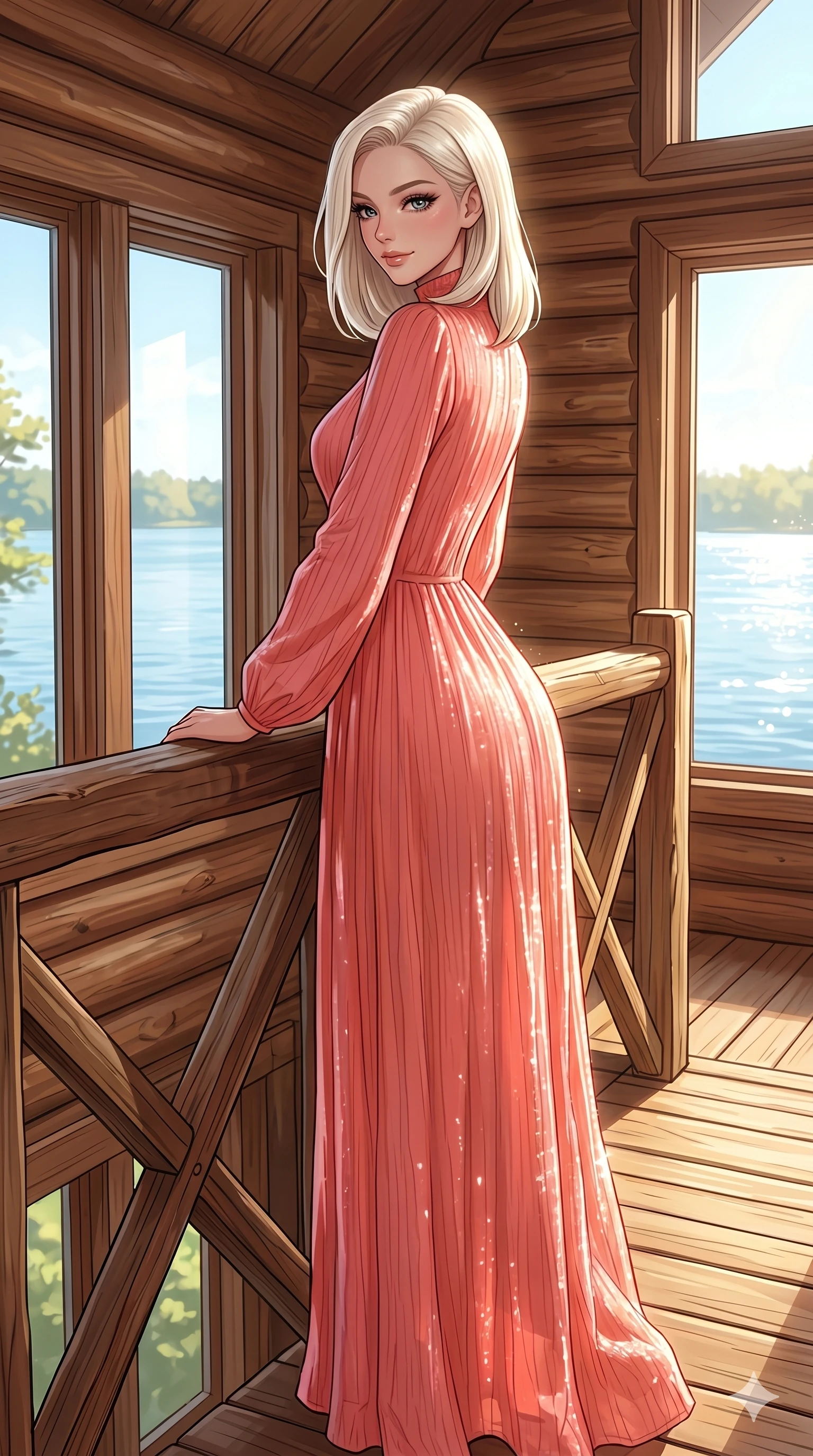 score_9, masterpiece, best quality, ultra-detailed, high-budget anime keyframe, editorial fashion photography, tasteful artistic composition, Caucasian woman, strictly human ears. low angle full-body shot from head to toe showing her feet, filling the entire 9:16 vertical frame with her statuesque presence, stretching her vertical silhouette. leaning against the wooden bridge railing, looking over her shoulder with a teasing half-smile inside a cozy log cabin room with large windows showing a sunny lake (Code-P19-059). She has an absolutely perfect 8-heads proportion, an exceptionally tall and slender female figure with impossibly long slender legs and an ultra-slim waist. V-shaped jawline, high-bridge nose, intricate jewel-like eyes with depth, thick eyelashes, glossy lips with a natural sheen. wearing a high-neck long-sleeved maxi dress in a coral pink crinkled cotton. sunlight refracting through the water droplets, creating a sparkling, wet glow on her. 2k, ultra detail, master piece, 9:16 ratio