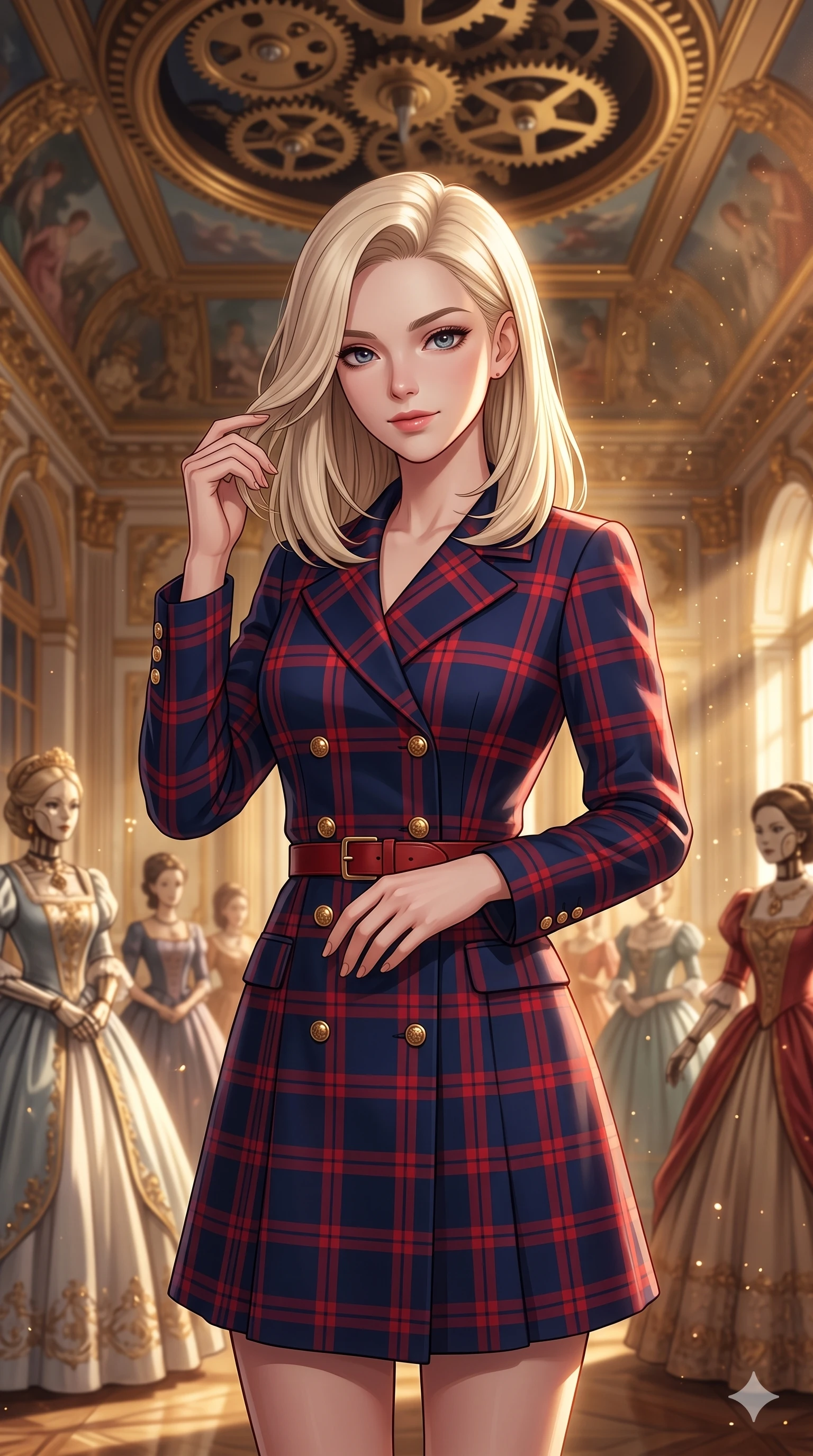 score_9, masterpiece, best quality, ultra-detailed, high-budget anime keyframe, editorial fashion photography, tasteful artistic composition, Caucasian woman, strictly human ears. close-up cowboy shot from the waist and thighs up, the character dominates the composition, filling the frame with her large presence, background elements kept in soft focus. Gently brushing hair from her face with an enigmatic half-smile. set against a soft-focus background of an ornate Victorian ballroom populated by elegant life-sized clockwork automatons in ball gowns with a massive gilded music box mechanism rotating slowly in the frescoed ceiling above. She has an exceptionally elegant and slender, willowy female figure with an ultra-slim waist, a gracefully sculpted slender torso, and a refined slim physique. sharp v-shaped jawline, high-bridge nose, intricate jewel-like eyes with depth, thick eyelashes, glossy lips with a natural sheen. wearing a double-breasted coat dress in a striking navy and crimson plaid pattern, detailed with gold buttons and a red leather waist belt. golden hour sunlight streaming in warm shafts with floating dust particles catching the light. 2k, ultra detail, master piece, 9:16 ratio