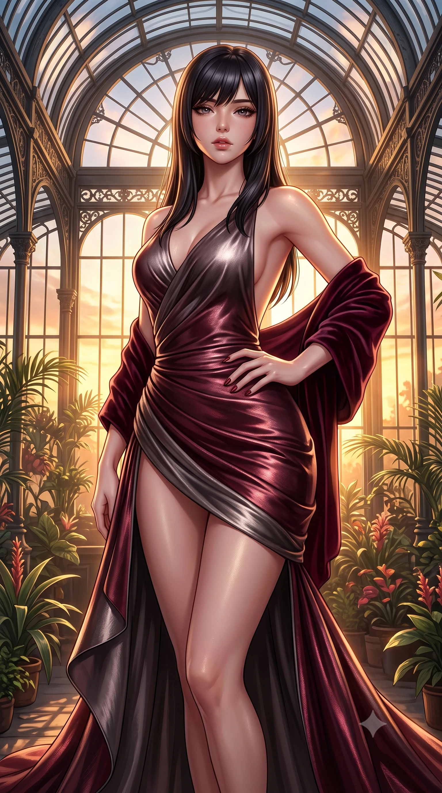 score_9, masterpiece, best quality, ultra-detailed, high-budget anime keyframe, semi-realistic 3D game render, editorial fashion photography, tasteful artistic composition, Caucasian woman. close-up cowboy shot from the waist and thighs up, the character dominates the composition, filling the frame with her large presence. resting one manicured hand delicately on her hip bone, her upper body turning in a fluid, seductive S-curve while parted lips glisten in the light while standing poised beneath soaring arched iron-and-glass windows, twisting her slender torso in an alluring contrapposto stance in the evening glow. The surrounding environment is rendered in vivid detail and crisp panoramic clarity. detailed silk brocade gown weave, warm sunset specular sheen on skin, and baroque glasshouse clarity in high resolution. She has an exceptionally elegant, slender, and willowy female figure with an ultra-slim waist, flat toned midriff, narrow ribcage, and sculpted feminine hips creating an alluring, slim hourglass silhouette without bulk. sharp v-shaped jawline, high-bridge nose, intricate jewel-like eyes with depth, thick eyelashes, glossy parted lips with a natural sheen, intensely captivating and seductive bedroom-eyes expression, flawlessly proportioned anatomical accuracy, strict slender model proportions, natural body alignment, perfectly sculpted long slender limbs, ultra-slim waistline, clean dynamic posture without body distortion. wearing an open-back duchess satin gala gown with a dramatic hip-hugging drape and cascading trailing hem in deep wine burgundy and brushed dark platinum, crafted from luxurious metallic lamé that shifts radiance with every step, complemented by a plush velvet shawl draped loosely over her elbows, the glove-like aerodynamic silhouette tightly following the natural contour of her hips and long slender legs with statuesque 8.5-heads elegance. bathed in dramatic golden hour sunset rays streaming through towering glasshouse arched windows. highly saturated vibrant anime colors, detailed shading with soft gradients, rich glossy textures, high-contrast stereoscopic depth, volumetric dynamic lighting, master piece, 9:16 ratio