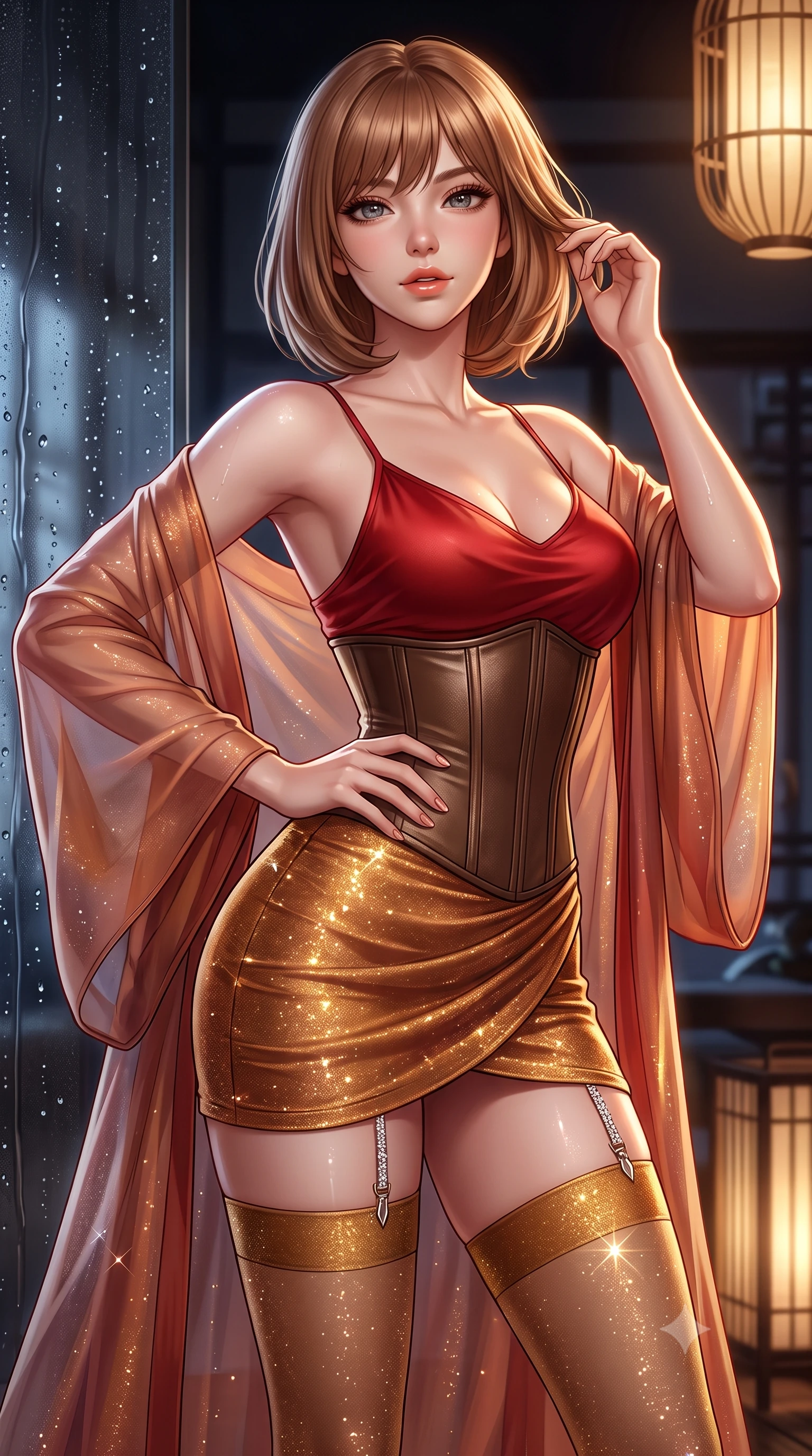 score_9, masterpiece, best quality, ultra-detailed, high-budget anime keyframe, semi-realistic 3D game render, editorial fashion photography, tasteful artistic composition, Caucasian woman. close-up cowboy shot from the waist and thighs up, the character dominates the composition, filling the frame with her large presence. twisting her slender torso in an alluring contrapposto stance, one hand resting on her sculpted hip while her fingers toy with her hair with effortless poise while twisting her slender torso in an alluring contrapposto stance, dewy mist beads and soft interior bamboo lanterns highlighting her flat midriff and hips. The surrounding environment is rendered in vivid detail and crisp panoramic clarity: detailed sheer silk chiffon kimono robe slipping off bare shoulders, red silk camisole cling, and bespoke interior craft in high resolution. She has an exceptionally elegant, slender, and willowy female figure with an ultra-slim waist, flat toned midriff, narrow ribcage, and sculpted feminine hips creating an alluring, slim hourglass silhouette without bulk. sharp v-shaped jawline, high-bridge nose, sparkling eyes with hypnotic seductive depth, thick curled eyelashes, glossy parted lips with a natural dewy peach sheen, alluring bedroom-eyes with an enchanting coquettish smile, exuding magnetic siren charisma and sophisticated glamour, flawlessly proportioned anatomical accuracy, strict slender model proportions, natural body alignment, perfectly sculpted long slender limbs, ultra-slim waistline, clean dynamic posture without body distortion. wearing a structured boned leatherette corset bodice paired with an ultra-short micro-wrap mini skirt and sheer thigh-high stockings in warm amber honey and antique gold leaf, woven from stretch metallic lurex jersey casting radiant starlight glints across her silhouette, finished with delicate crystal-encrusted thigh garter straps glinting in the dim light, the glove-like clinging cut tightly following the natural contour of her hips and long slender legs with youthful 8.5-heads elegance. illuminated by wet glass reflections and sharp champagne-gold rim lights defining her delicate clavicles, ultra-slim waist, and curvy hips. highly saturated vibrant anime colors, detailed shading with soft gradients, rich glossy textures, high-contrast stereoscopic depth, volumetric dynamic lighting, master piece, 9:16 ratio