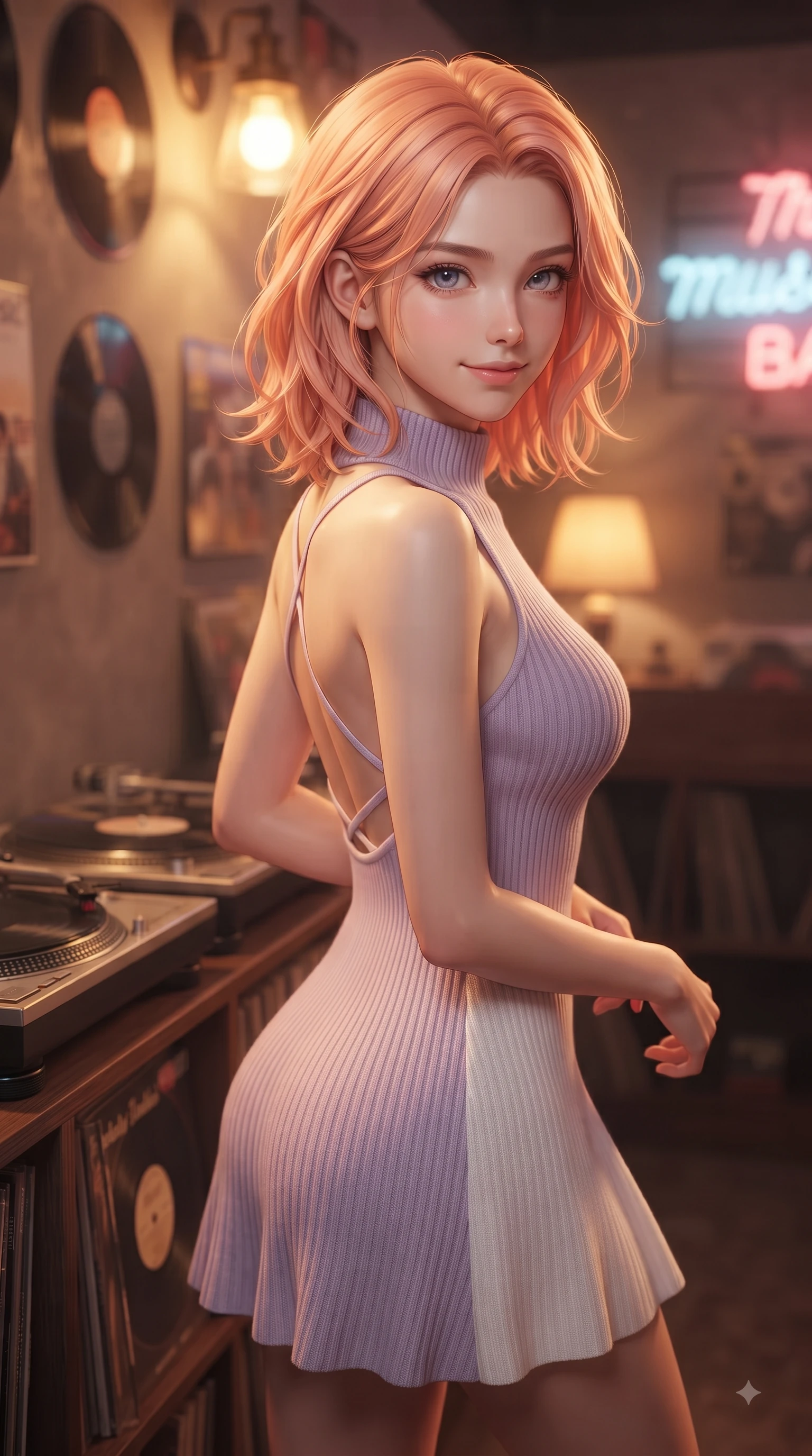 score_9, masterpiece, best quality, ultra-detailed, high-budget anime keyframe, editorial fashion photography, tasteful artistic composition, Japanese woman. close-up cowboy shot from the waist and thighs up, the character dominates the composition, filling the frame with her large presence. Gazing directly into the camera with a fresh, infectious smile as her torso curves dynamically in mid-stride while browsing vintage vinyl record albums in a cozy Hongdae LP bar with a sweet playful smile. The composition keeps background elements in soft focus with dreamy bokeh. turntables and neon music signs softened by gentle warm depth of field. She has an exceptionally elegant, slender, and willowy female figure with an ultra-slim waist, a gracefully sculpted slender torso, and a refined silhouette. sharp v-shaped jawline, high-bridge nose, intricate jewel-like eyes with depth, thick eyelashes, glossy lips with a natural sheen, flawlessly proportioned anatomical accuracy, natural body alignment, perfectly sculpted elegant limbs, clean dynamic posture without body distortion. wearing a high-neck sleeveless ribbed knit dress following her statuesque figure like a glove in soft lavender violet and pearl white, made of premium stretch jersey that follows her curves like a glove, finished with delicate criss-cross back straps highlighting her bare shoulders, the elegant draped fit framing her graceful clavicle and slender torso. bathed in warm golden amber lamp glow and retro neon rim light. ultra-reflective glossy finish, specular highlights, metallic sheen, high-contrast stereoscopic depth, volumetric dynamic lighting, 2k, ultra detail, master piece, 9:16 ratio