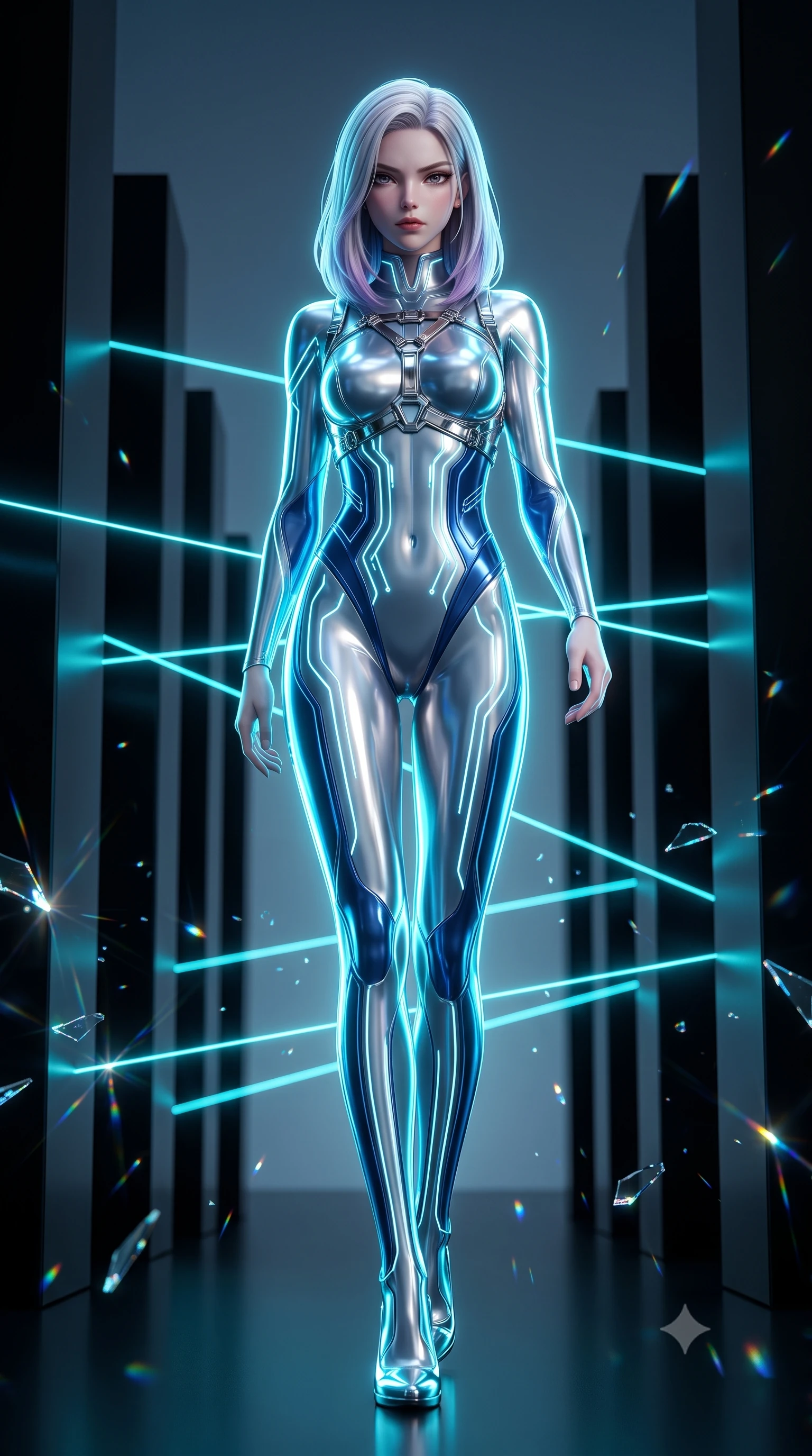 score_9, masterpiece, best quality, ultra-detailed, high-budget anime keyframe, semi-realistic 3D game render, editorial fashion photography, tasteful artistic composition, Caucasian woman. low angle full-body shot from head to toe showing her feet, filling the entire 9:16 vertical frame with her statuesque presence, stretching her vertical silhouette. striding forward with commanding supermodel grace, her 8.5-heads statuesque silhouette dominating the vertical frame from head to toe while striding commanding through a minimalist hall of towering black obsidian monoliths intersected by razor-sharp cyan laser beams. The composition keeps background elements in soft focus with creamy bokeh. sparkling laser light refractions on glass scattering radiant light motes across the background. She has an absolutely perfect, statuesque 8.5-heads proportion, an exceptionally tall and slender model-like female figure with impossibly long slender legs, a toned flat midriff, and an ultra-slim waist. sharp v-shaped jawline, high-bridge nose, intricate jewel-like eyes with depth, thick eyelashes, glossy lips with a natural sheen, flawlessly proportioned anatomical accuracy, strict slender model proportions, natural body alignment, perfectly sculpted long slender limbs, ultra-slim waistline, clean dynamic posture without body distortion. wearing an aerodynamic sculpted liquid-chrome bodysuit with glowing neon fiber-optic circuitry and an elegant high-fashion cut in liquid platinum silver and deep sapphire blue LED filaments, formed from high-gloss patent material with specular chiaroscuro reflections, reinforced by a sleek metallic chrome harness and delicate glowing micro-straps, the sleek second-skin cut tightly hugging her graceful clavicle, narrow waist, and feminine curves with athletic precision. bathed in intense high-contrast cyan laser rim lighting and deep obsidian shadow fill. rich saturated anime colors with glowing neon highlights, detailed shading with soft gradients, rich glossy textures, high-contrast stereoscopic depth, volumetric dynamic lighting, master piece, 9:16 ratio