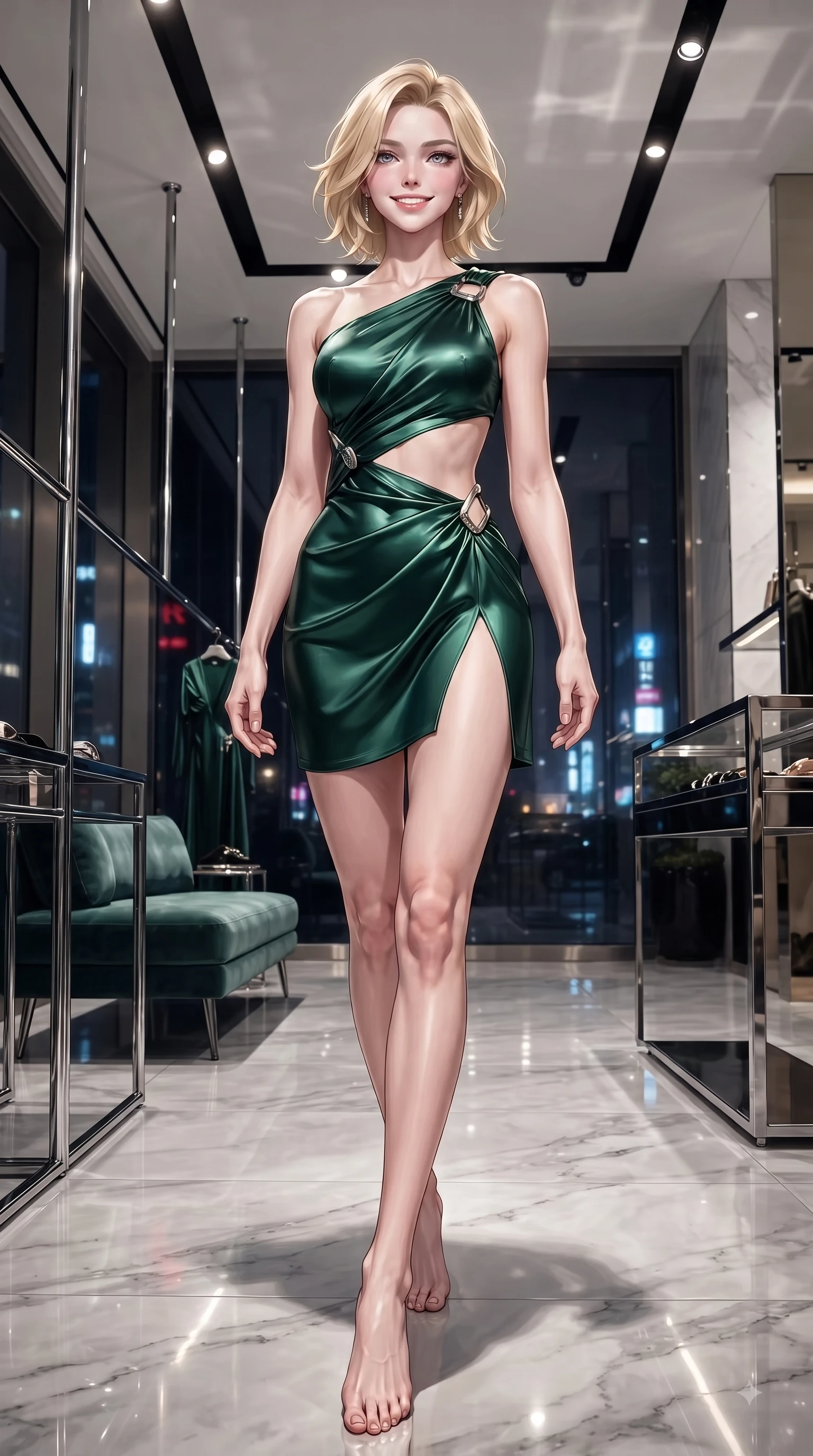 score_9, masterpiece, best quality, ultra-detailed, high-budget anime keyframe, editorial fashion photography, tasteful artistic composition, Caucasian woman. low angle full-body shot from head to toe showing her feet, filling the entire 9:16 vertical frame with her statuesque presence, stretching her vertical silhouette. forging dynamically through the scene with a fresh infectious smile, her ultra-slim waist creating a sweeping curve while stepping gracefully through a luxury fashion boutique in Gangnam with a chic, magnetic posture, sleek chrome fixtures and polished marble floors reflecting crisp editorial key lights. She has an absolutely perfect, statuesque 8.5-heads proportion, an exceptionally tall and slender model-like female figure with impossibly long slender legs and an ultra-slim waist. sharp v-shaped jawline, high-bridge nose, intricate jewel-like eyes with depth, thick eyelashes, glossy lips with a natural sheen, flawlessly proportioned anatomical accuracy, natural body alignment, perfectly sculpted elegant limbs, clean dynamic posture without body distortion. wearing a dramatic open-waist cutout mini dress framed by sculptural hardware in deep emerald green and silver accent, crafted from lustrous satin jersey with fluid draping, finished with a sleek side slit ascending to mid-thigh, the form-contouring material highlighting her ultra-slim waist and long lines. bathed in dramatic high-contrast urban night lights and sleek golden spotlights. ultra-reflective glossy finish, specular highlights, metallic sheen, high-contrast stereoscopic depth, volumetric dynamic lighting, 2k, ultra detail, master piece, 9:16 ratio