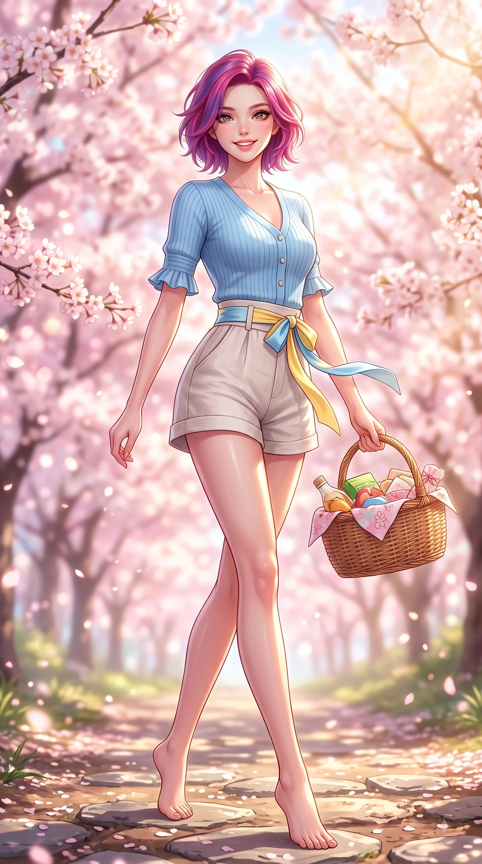 score_9, masterpiece, best quality, ultra-detailed, high-budget anime keyframe, editorial fashion photography, tasteful artistic composition, Caucasian woman. low angle full-body shot from head to toe showing her feet, filling the entire 9:16 vertical frame with her statuesque presence, stretching her vertical silhouette. pivoting dynamically with a fresh infectious smile, her ultra-slim waist creating a sweeping fluid curve while stepping along a sun-drenched park trail carrying a wicker basket with fresh youthful charm. The composition keeps background elements in soft focus with dreamy bokeh. dense cherry blossom canopies blurring into a dreamy, glowing pink and white bokeh backdrop. She has an absolutely perfect, statuesque 8.5-heads proportion, an exceptionally tall and slender model-like female figure with impossibly long slender legs and an ultra-slim waist. sharp v-shaped jawline, high-bridge nose, intricate jewel-like eyes with depth, thick eyelashes, glossy lips with a natural sheen, flawlessly proportioned anatomical accuracy, natural body alignment, perfectly sculpted elegant limbs, clean dynamic posture without body distortion. wearing a sky-blue ribbed short-sleeve cardigan with high-waist linen shorts and a dainty waist sash in sunny daffodil yellow and clear sky blue, crafted from smooth fluid silk satin, accented with soft smocked details and fluttery cuffs, the chic real-way fashion cut emphasizing her effortless charm. bathed in bright morning sunbeams and warm golden sakura backlighting. highly saturated vibrant anime colors, detailed shading with soft gradients, rich glossy textures, high-contrast stereoscopic depth, volumetric dynamic lighting, master piece, 9:16 ratio