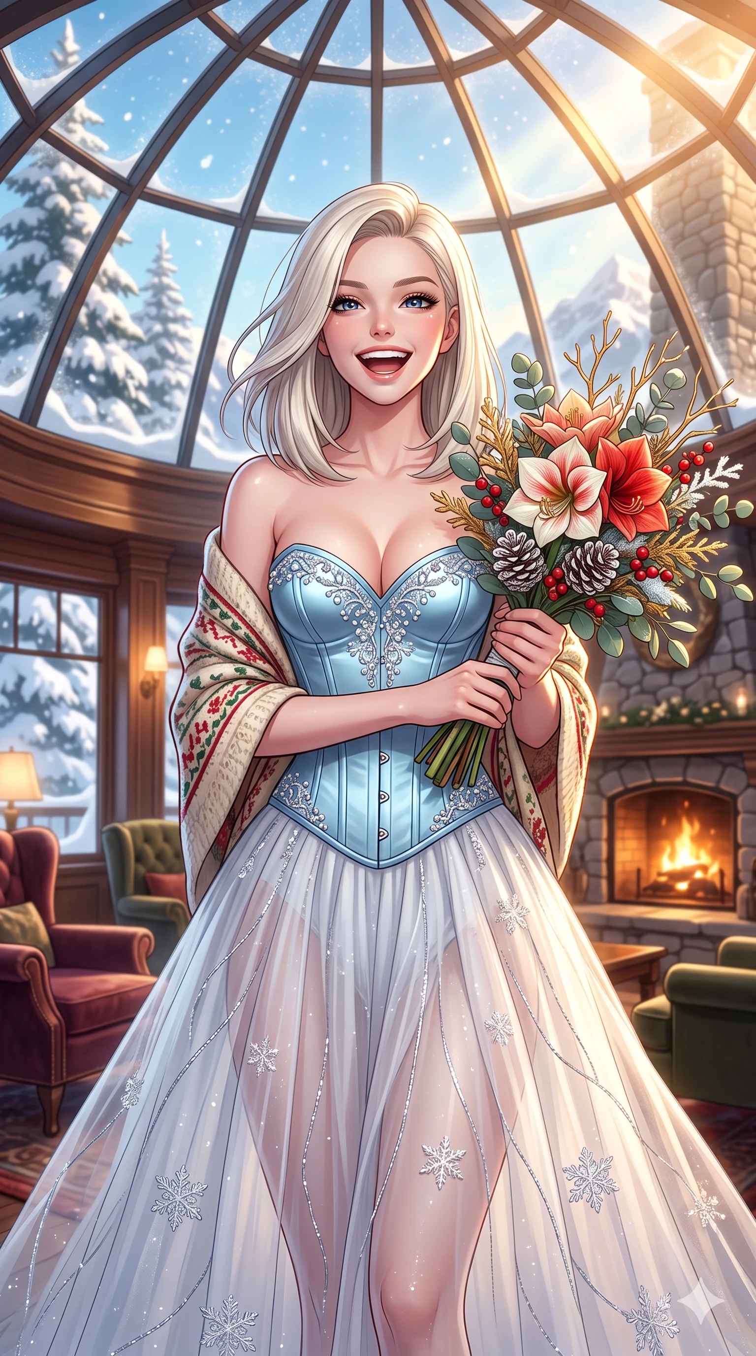 score_9, masterpiece, best quality, ultra-detailed, high-budget anime keyframe, vibrant anime aesthetic, Caucasian woman, strictly human ears. cowboy shot from the thighs up, character and outfit filling the frame for maximum presence. She is posing with a cheerful winter laugh while holding a colorful winter bouquet inside a ski clubhouse lounge in the winter sun (Code-P21-159). She has an absolutely perfect 8-heads proportion, an exceptionally tall and slender female figure with impossibly long slender legs and an ultra-slim waist. V-shaped jawline, high-bridge nose, intricate jewel-like eyes with depth, thick eyelashes, glossy lips with a natural sheen. wearing a structured satin corset showing her cleavage and a sheer skirt in winter. She is warm glowing resort light filtering through the glass dome in snow, outlining her features. 2k, ultra detail, master piece, 9:16 ratio