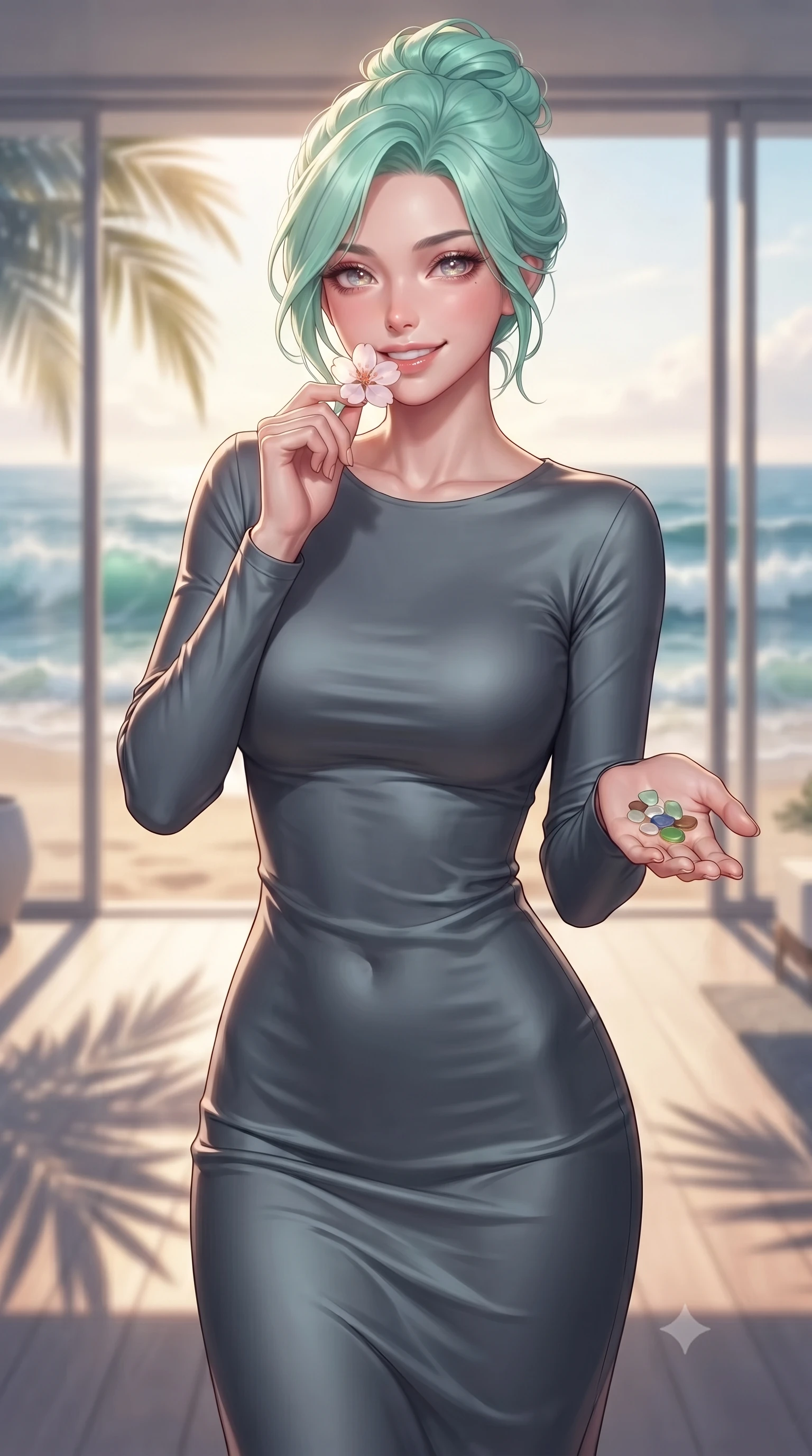 score_9, masterpiece, best quality, ultra-detailed, high-budget anime keyframe, editorial fashion photography, tasteful artistic composition, Japanese woman. close-up cowboy shot from the waist and thighs up, the character dominates the composition, filling the frame with her large presence, background elements kept in soft focus. holding a delicate flower near her lips, smiling with magnetic self-assurance and glowing eyes set against a soft-focus background of inside a modern glass beach house looking out at the ocean waves with a small collection of pretty sea glass pebbles held in her palm. She has an exceptionally elegant, slender, and willowy female figure with an ultra-slim waist, a gracefully sculpted slender torso, and a refined silhouette. sharp v-shaped jawline, high-bridge nose, intricate jewel-like eyes with depth, thick eyelashes, glossy lips with a natural sheen. wearing slim-fit body-hugging long-sleeve silk dress in slate grey, following her form elegantly. soft late afternoon sunbeams casting long shadows of palm leaves on the sand. highly saturated vibrant anime colors, detailed shading with soft gradients, rich glossy textures, high-contrast stereoscopic depth, volumetric dynamic lighting, master piece, 9:16 ratio