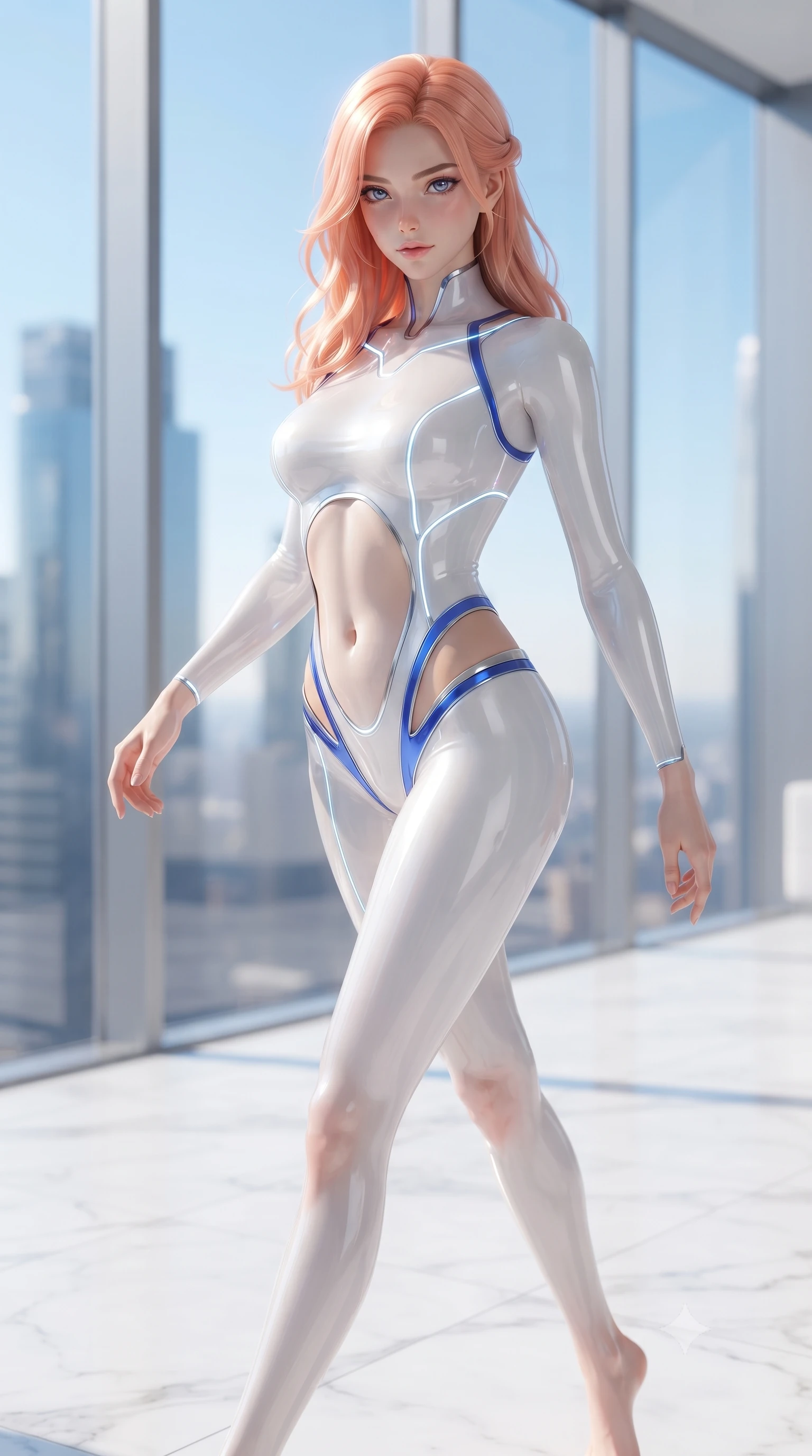 score_9, masterpiece, best quality, ultra-detailed, high-budget anime keyframe, editorial fashion photography, tasteful artistic composition, Japanese woman. close-up cowboy shot from the waist and thighs up, the character dominates the composition, filling the frame with her large presence. twisting her upper body in a dynamic S-curve with an alluring smolder, one hand trailing along her slender waist while striding gracefully across a polished white marble penthouse floor under soaring floor-to-ceiling glass windows. The composition keeps background elements in soft focus with creamy bokeh. sunlit skyscraper towers and clear blue skies blurred into bright, clean high-key urban bokeh. She has an exceptionally elegant, slender, and willowy female figure with an ultra-slim waist, a gracefully sculpted slender torso, toned flat midriff, and a refined slim silhouette. sharp v-shaped jawline, high-bridge nose, intricate jewel-like eyes with depth, thick eyelashes, glossy lips with a natural sheen, flawlessly proportioned anatomical accuracy, strict slender model proportions, natural body alignment, perfectly sculpted long slender limbs, ultra-slim waistline, clean dynamic posture without body distortion. wearing a second-skin white liquid-mercury micro-bodysuit sculpted tightly to her slender build, featuring razor-thin metallic straps and hip cutouts in liquid electric cobalt blue and polished silver, tailored from semi-translucent cybernetic vinyl with glowing micro-filaments, accented with glowing fiber-optic seams tracing her collarbones and hip curves, the precision-cut daring openings accentuating her delicate midriff, graceful bare collarbones, and ultra-slim feminine waistline. bathed in bright, clean high-key natural sunlight flooding through panoramic glass walls. ultra-reflective glossy finish, specular highlights, metallic sheen, high-contrast stereoscopic depth, volumetric dynamic lighting, 2k, ultra detail, master piece, 9:16 ratio