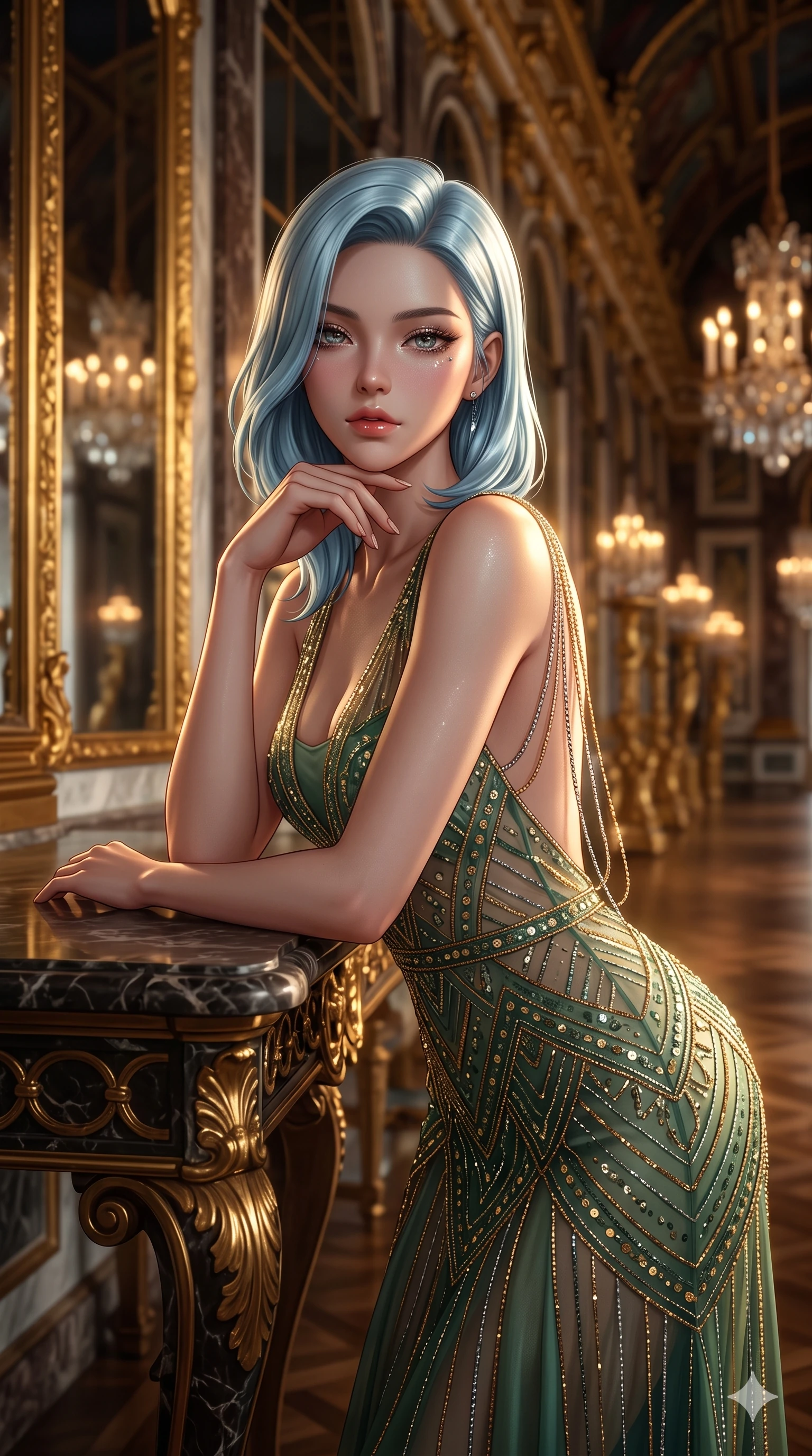 score_9, masterpiece, best quality, ultra-detailed, high-budget anime keyframe, semi-realistic 3D game render, editorial fashion photography, tasteful artistic composition, Korean woman. close-up cowboy shot from the waist and thighs up, the character dominates the composition, filling the frame with her large presence. resting one elbow on the table and supporting her chin, leaning close to the camera with heavy-lidded sparkling eyes and parted lips while standing poised in the grand mirror gallery, arching her lower back with sovereign supermodel grace as endless reflections recede into gilded infinity. The background shows a soft-focus aristocratic gallery atmosphere softened in private mirror hall shallow focus. She has an exceptionally elegant, slender, and willowy female figure with an ultra-slim waist, flat toned midriff, narrow ribcage, and sculpted feminine hips creating an alluring, slim hourglass silhouette without bulk. sharp v-shaped jawline, high-bridge nose, intricate jewel-like sparkling eyes with depth, thick eyelashes, glossy parted lips with a natural sheen, intensely captivating and seductive bedroom-eyes expression, exuding both youthful cute charm and sovereign luxury allure, flawlessly proportioned anatomical accuracy, strict slender model proportions, natural body alignment, perfectly sculpted long slender limbs, ultra-slim waistline, clean dynamic posture without body distortion. wearing a sheer vintage mesh flapper dress adorned with intricate geometric beadwork over an opaque silk micro-slip in celadon jade and antique gold-leaf, tailored from heavy double-faced silk georgette with an exceptionally fluid drape, accented with an open-back drape framed by falling strands of delicate chrome chains, the form-contouring material adhering flawlessly to her sculpted flat midriff and slender torso, emphasizing her long leg lines and perfectly proportioned willowy build. illuminated by mirrored wall bounce and sharp diamond-gold rim lights carving her sculpted collarbones, ultra-slim waist, and curvy hips. highly saturated vibrant anime colors, detailed shading with soft gradients, rich glossy textures, high-contrast stereoscopic depth, volumetric dynamic lighting, master piece, 9:16 ratio