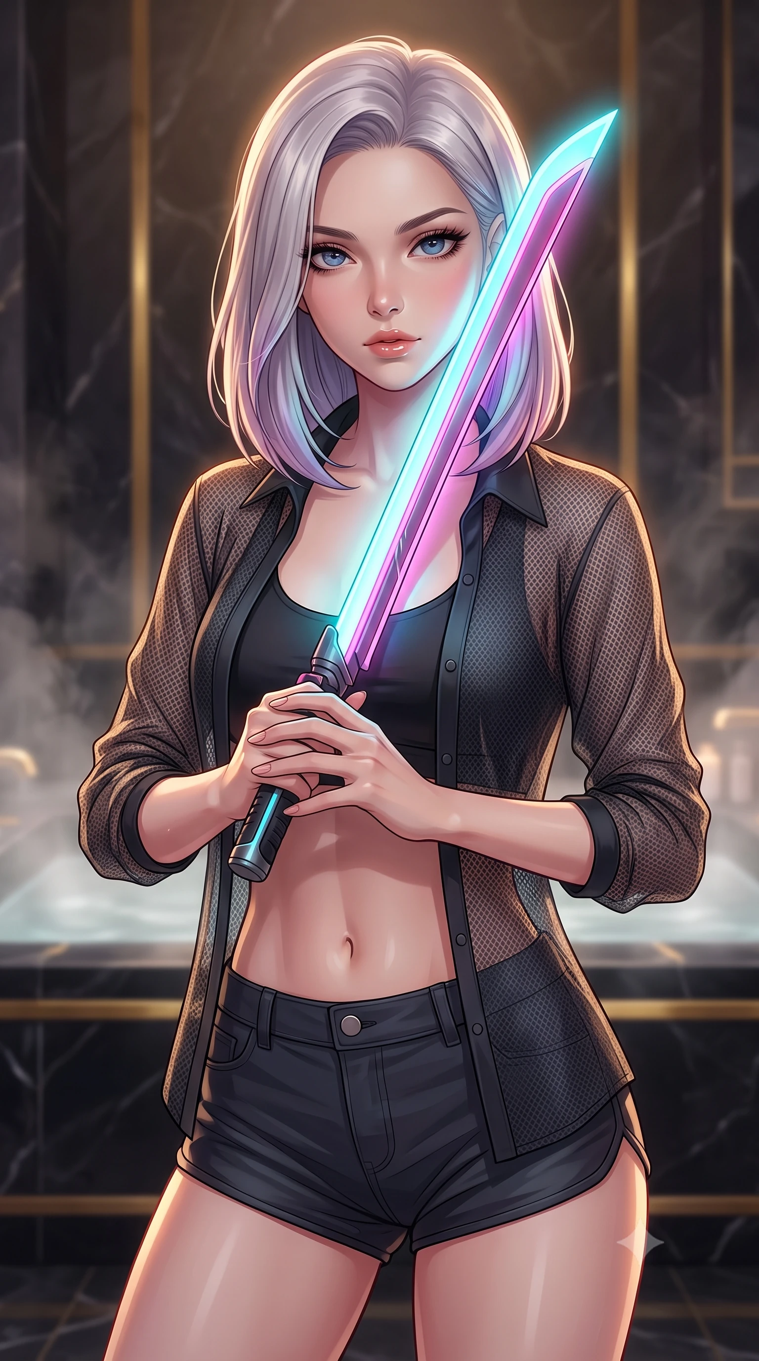 score_9, masterpiece, best quality, ultra-detailed, high-budget anime keyframe, editorial fashion photography, tasteful artistic composition, Caucasian woman. close-up cowboy shot from the waist and thighs up, the character dominates the composition, filling the frame with her large presence, background elements kept in soft focus. pressing the flat side of a glowing vibro-blade against her cheek, locking eyes with the viewer with bedroom-eyes, the background shows a soft-focus a steamy private bath chamber built of dark obsidian stone with gold accents. She has an exceptionally elegant, slender, and willowy female figure with an ultra-slim waist, a gracefully sculpted slender torso, and a refined silhouette. sharp v-shaped jawline, high-bridge nose, intricate jewel-like eyes with depth, thick eyelashes, glossy lips with a natural sheen. wearing a tailored lightweight carbon-mesh cover-up shirt worn open over a crop top and high-cut combat shorts. dramatic chiaroscuro lighting focusing on her athletic, slender build. highly saturated vibrant anime colors, detailed shading with soft gradients, rich glossy textures, high-contrast stereoscopic depth, volumetric dynamic lighting, master piece, 9:16 ratio
