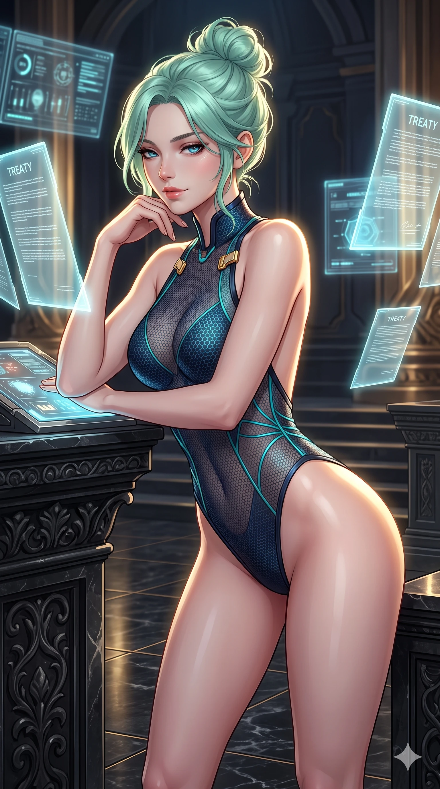 score_9, masterpiece, best quality, ultra-detailed, high-budget anime keyframe, semi-realistic 3D game render, editorial fashion photography, tasteful artistic composition, Japanese woman. close-up cowboy shot from the waist and thighs up, the character dominates the composition, filling the frame with her large presence. resting one elbow on the diagnostic terminal and supporting her chin, leaning close to the camera with parted glossy lips and sparkling eyes while leaning against the carved black stone rostrum with hips cocked back, looking through floating luminous treaty documents with heavy-lidded seductive eyes. The surrounding environment is rendered in vivid detail and crisp panoramic clarity: intricate high-collar pilot suit tailoring, structured shoulder lines, and imperial senate architecture in razor-sharp clarity. She has an exceptionally elegant, slender, and willowy female figure with an ultra-slim waist, flat toned midriff, narrow ribcage, and sculpted feminine hips creating an alluring, slim hourglass silhouette without bulk. sharp v-shaped jawline, high-bridge nose, intricate jewel-like sparkling eyes with depth, thick eyelashes, glossy parted lips with a natural sheen, bright confident smile with an enchanting and coquettish sensual glint, exuding both youthful magnetic charm and sovereign high-tech allure, flawlessly proportioned anatomical accuracy, strict slender model proportions, natural body alignment, perfectly sculpted long slender limbs, ultra-slim waistline, clean dynamic posture without body distortion. wearing an alluring backless sheer lace leotard with high-cut leg openings and delicate fiber-optic embroidery framing her spine in deep space navy and laser turquoise, made of delicate semi-sheer nanotech mesh with microscopic hexagonal weaves, finished with high-tension magnetic quick-release clasps glinting along her collarbones, the liquid-tight tailored fabric clinging flawlessly to her narrow waist and rounded feminine hips, emphasizing every millimeter of her sculpted slim hourglass curves without any bulky heaviness. illuminated by black granite floor reflections and sharp gold-platinum rim lights carving her sculpted collarbones, ultra-slim waist, and curvy hips. highly saturated vibrant anime colors, detailed shading with soft gradients, rich glossy textures, high-contrast stereoscopic depth, volumetric dynamic lighting, master piece, 9:16 ratio
