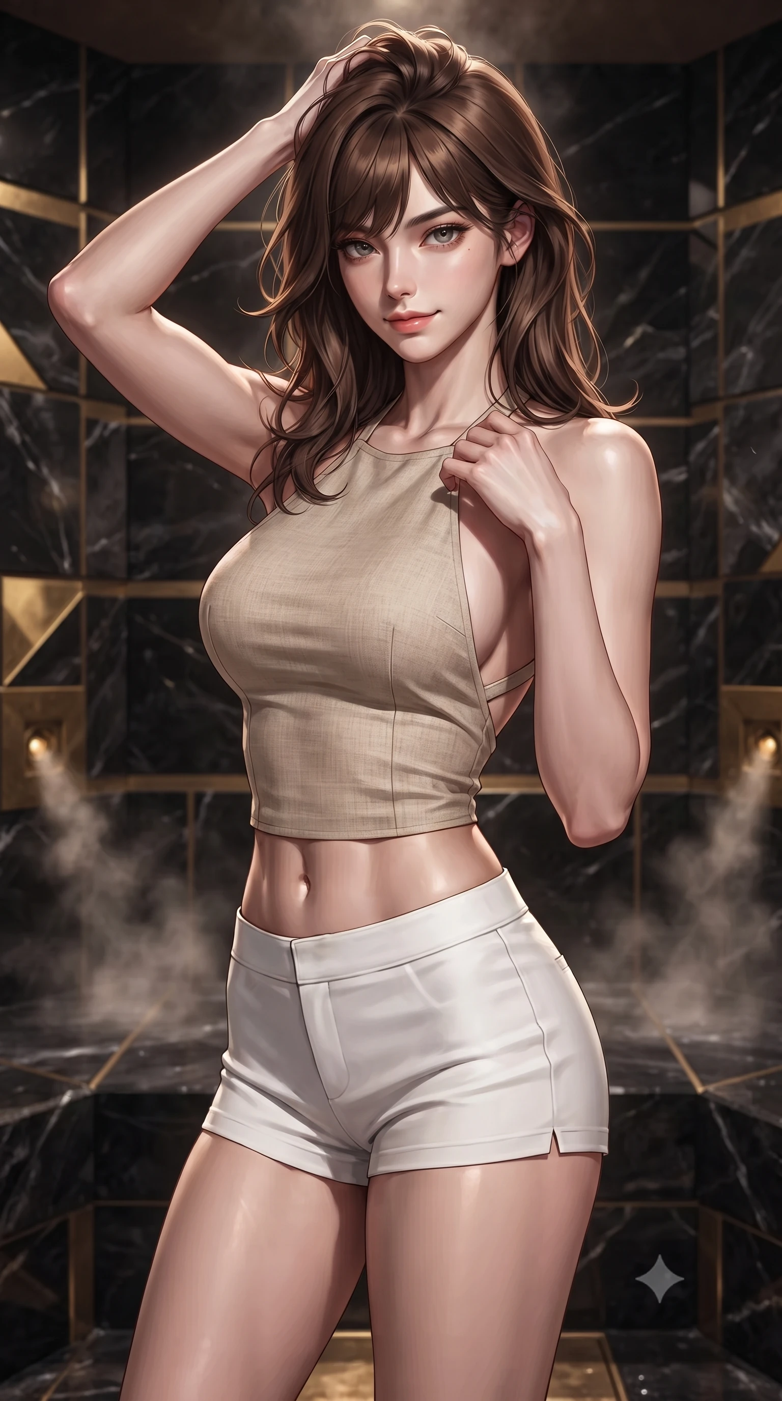 score_9, masterpiece, best quality, ultra-detailed, high-budget anime keyframe, editorial fashion photography, tasteful artistic composition, Korean woman woman. close-up cowboy shot from the waist and thighs up, the character dominates the composition, filling the frame with her large presence, background elements kept in soft focus. smiling with quiet, magnetic self-assurance directly into the camera, running a hand through her hair the background shows a soft-focus a private steam room built of dark obsidian stone with gold accents. She has an exceptionally elegant, slender, and willowy female figure with an ultra-slim waist, a gracefully sculpted slender torso, and a refined silhouette. sharp v-shaped jawline, high-bridge nose, intricate jewel-like eyes with depth, thick eyelashes, glossy lips with a natural sheen. wearing a body-hugging stylish linen halter top with an open-back design, paired with white micro-shorts. dramatic chiaroscuro lighting focusing on her athletic, slender build. ultra-reflective glossy finish, specular highlights, metallic sheen, high-contrast stereoscopic depth, volumetric dynamic lighting, 2k, ultra detail, master piece, 9:16 ratio