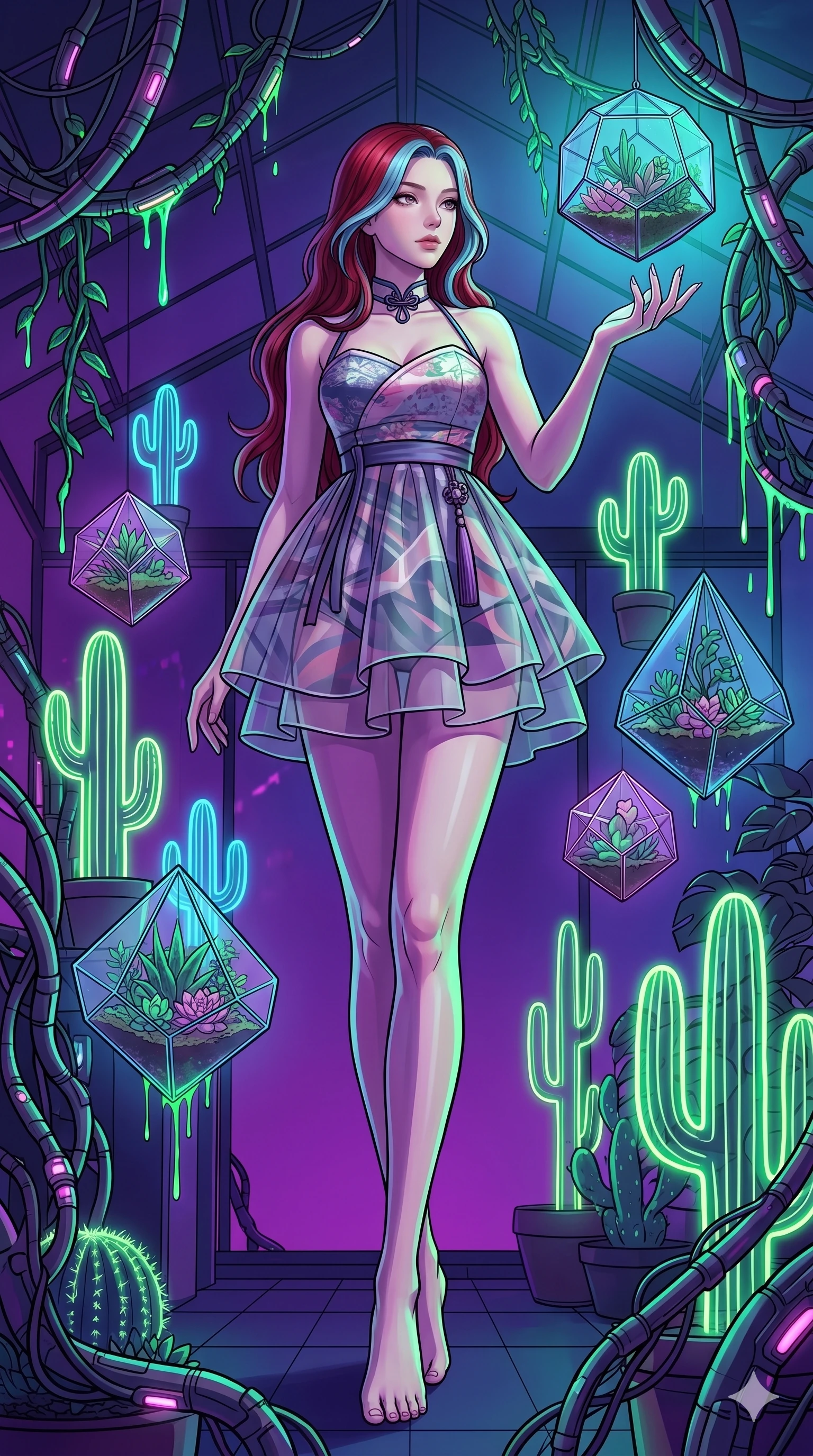 score_9, masterpiece, best quality, ultra-detailed, high-budget anime keyframe, Caucasian woman, strictly human ears. low angle full-body shot filling the entire 9:16 frame with her statuesque presence, stretching the vertical silhouette. standing in a retro-futuristic synthwave greenhouse where glowing neon cacti and polyhedral glass terrariums float around her, while fluorescent cyber-sap drips from cybernetic vines. She has an absolutely perfect 8-heads proportion, an exceptionally tall and slender female figure with impossibly long slender legs and an ultra-slim waist. V-shaped jawline, high-bridge nose, intricate jewel-like eyes with depth, thick eyelashes, glossy lips with a natural sheen.. wearing a modern fusion silk hanbok dress, featuring a silk bustier top, layered sheer organza skirts, and a traditional knot choker. accented by dynamic color-blocked lighting with high-contrast shadows emphasizing her statuesque height. 2k, ultra detail, master piece, 9:16 ratio