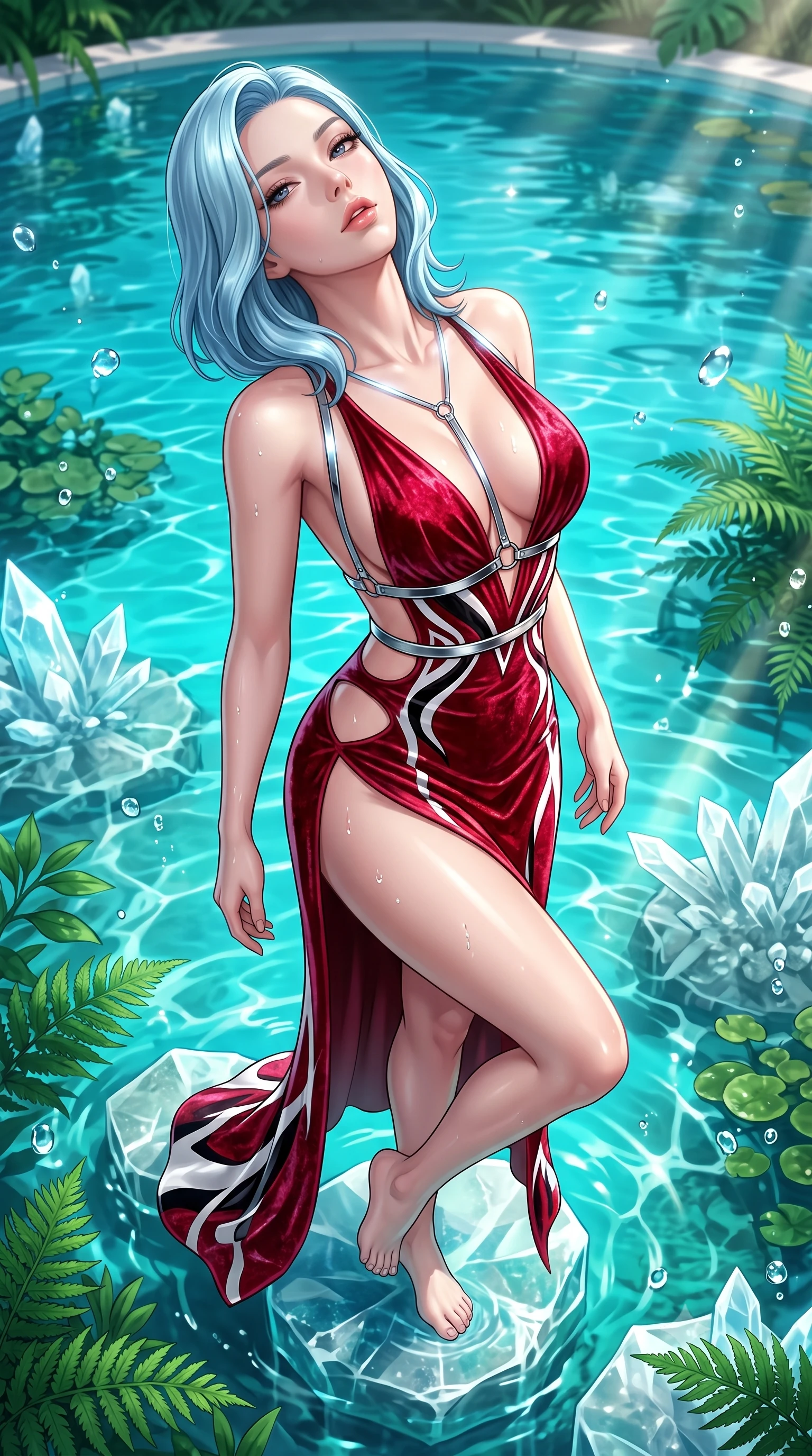score_9, masterpiece, best quality, ultra-detailed, high-budget anime keyframe, semi-realistic 3D game render, editorial fashion photography, tasteful artistic composition, Korean woman. close-up cowboy shot from the waist and thighs up, the character dominates the composition, filling the frame with her large presence. tilting her head back with a sensual alluring expression, exposing her throat and shoulders to the camera with heavy lashes and softly parted glossy lips while pivoting dynamically on a submerged crystal stepping stone as sunbeams penetrate the turquoise pool. The surrounding environment is rendered in vivid detail and crisp panoramic clarity. intricate white crystal stone veins, crystal-clear emerald water pools, and lush tropical ferns in deep focus. She has an exceptionally elegant, slender, and willowy female figure with an ultra-slim waist, a gracefully sculpted slender torso, toned flat midriff, and a refined slim silhouette. sharp v-shaped jawline, high-bridge nose, intricate jewel-like eyes with depth, thick eyelashes, glossy lips with a natural sheen, flawlessly proportioned anatomical accuracy, strict slender model proportions, natural body alignment, perfectly sculpted long slender limbs, ultra-slim waistline, clean dynamic posture without body distortion. wearing a backless crimson crushed velvet gown with a deep plunging V-neckline, strategic hip cutouts, and an ultra-high thigh slit in high-gloss monochrome white and sharp black contrast, made of liquid metal jersey that clings flawlessly to every contour of her build, reinforced by a sleek metallic chrome harness and delicate glowing micro-straps, the sleek second-skin cut tightly hugging her graceful clavicle, narrow waist, and feminine curves with athletic precision. illuminated by sparkling water droplet refractions and crisp white key lighting. highly saturated vibrant anime colors, detailed shading with soft gradients, rich glossy textures, high-contrast stereoscopic depth, volumetric dynamic lighting, master piece, 9:16 ratio