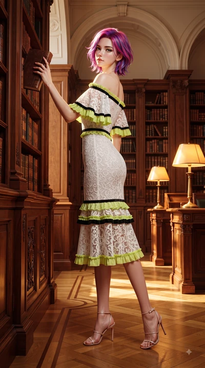 score_9, masterpiece, best quality, ultra-detailed, high-budget anime keyframe, editorial fashion photography, tasteful artistic composition, Caucasian woman. low angle full-body shot from head to toe showing her feet, filling the entire 9:16 vertica
