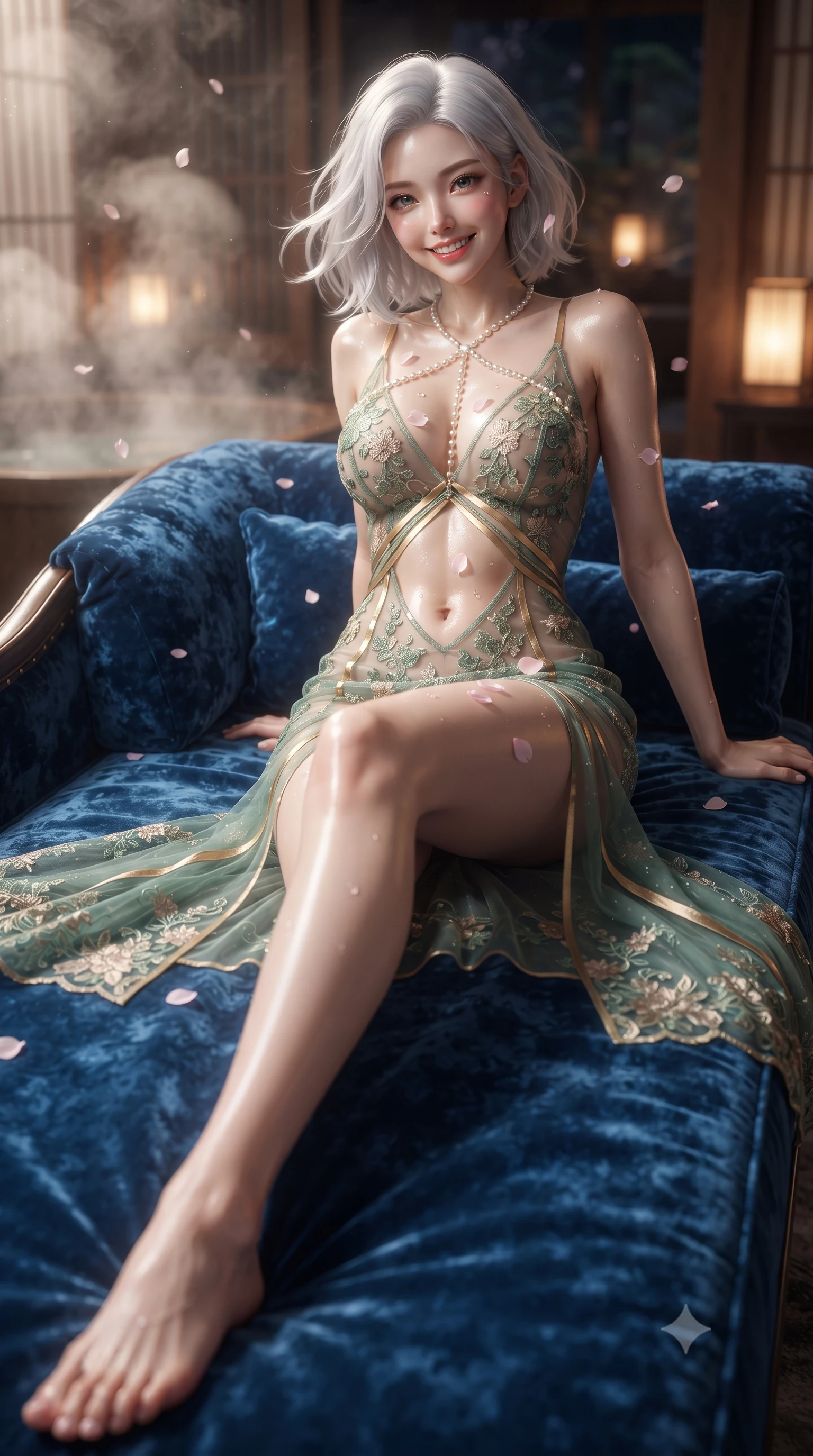 score_9, masterpiece, best quality, ultra-detailed, high-budget anime keyframe, editorial fashion photography, tasteful artistic composition, Korean woman. low angle full-body shot from head to toe showing her feet, filling the entire 9:16 vertical frame with her statuesque presence, stretching her vertical silhouette. lounging on the lavish daybed with legs crossed and hips angled toward the camera, displaying her toned midriff and long slender limbs with effortless siren poise while twisting her slender torso in an alluring contrapposto stance, night-blooming cherry blossom petals drifting across her dewy skin and flat midriff. The background shows a soft-focus billowing cedar bath steam softened in ultra-exclusive ryokan penthouse shallow focus. She has an exceptionally tall and slender model-like 8.5-heads proportion, an ultra-slim waist, a flat toned midriff, narrow delicate ribcage, and beautifully sculpted feminine hips creating a graceful, slim hourglass silhouette without any bulky heaviness, with impossibly long slender legs. sharp v-shaped jawline, high-bridge nose, intricate jewel-like sparkling eyes with depth, thick eyelashes, glossy parted lips with a natural peach sheen, bright cheerful beaming smile with an enchanting and coquettish sensual glint, exuding both youthful cute charm and seductive allure, flawlessly proportioned anatomical accuracy, strict slender model proportions, natural body alignment, perfectly sculpted long slender limbs, ultra-slim waistline, clean dynamic posture without body distortion. wearing a plunge-front sheer illusion tulle slip dress with liquid gold ribbon stripes hugging her curves in French Concession jade green and gilded bronze, made of delicate embroidered tulle lace with intricate floral motifs and soft transparency, accented with a pearl-drop body harness subtly framing her dewy collarbones and spine, the second-skin tailored fabric adhering flawlessly to her sculpted flat midriff and slender torso, emphasizing her long leg lines and perfectly proportioned willowy build. illuminated by hot spring caustics bounce and sharp platinum-rose rim lights sculpting her cheekbones, flat midriff, and curvaceous hips. ultra-reflective glossy finish, specular highlights, rich textural contrasts, high-contrast stereoscopic depth, volumetric dynamic lighting, 2k, ultra detail, master piece, 9:16 ratio