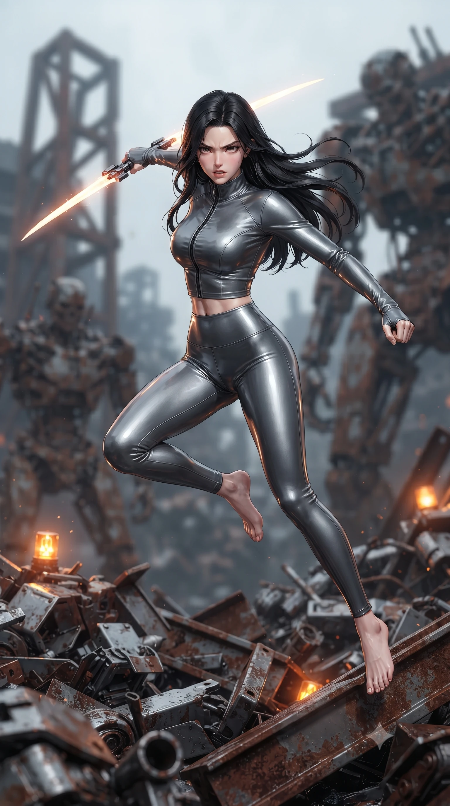 score_9, masterpiece, best quality, ultra-detailed, high-budget anime keyframe, editorial fashion photography, tasteful artistic composition, Korean woman. low angle full-body shot from head to toe showing her feet, filling the entire 9:16 vertical frame with her statuesque presence, stretching her vertical silhouette. leaping forward while slashing with a twin-bladed plasma sword in mid-air, her body-contouring suit showing her athletic silhouette, the background shows a soft-focus a graveyard of rusted mech skeletons with massive exposed steel frames. She has an absolutely perfect, statuesque 8.5-heads proportion, an exceptionally tall and slender model-like female figure with impossibly long slender legs and an ultra-slim waist. sharp v-shaped jawline, high-bridge nose, intricate jewel-like eyes with depth, thick eyelashes, glossy lips with a natural sheen. wearing a slim-fit body-hugging high-neck activewear set of a tailored zip-up long-sleeve crop top and matching leggings in carbon-grey. flickering amber warning lights reflecting off wet scrap metal surfaces. ultra-reflective glossy finish, specular highlights, metallic sheen, high-contrast stereoscopic depth, volumetric dynamic lighting, 2k, ultra detail, master piece, 9:16 ratio