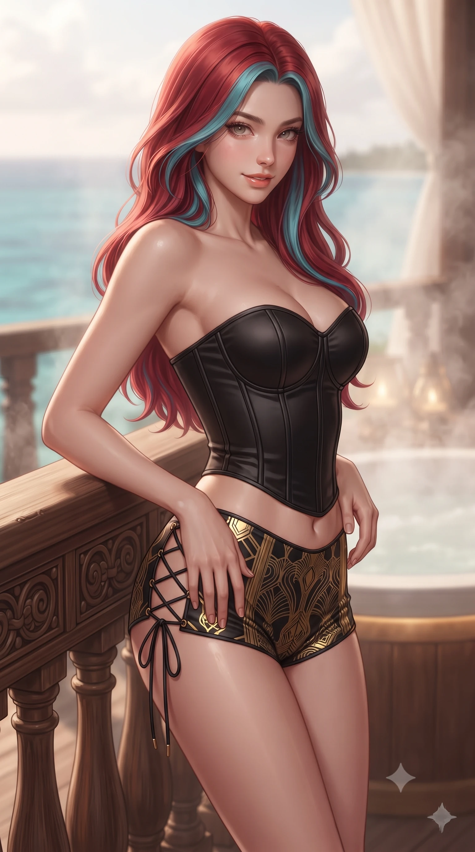 score_9, masterpiece, best quality, ultra-detailed, high-budget anime keyframe, editorial fashion photography, tasteful artistic composition, Caucasian woman. close-up cowboy shot from the waist and thighs up, the character dominates the composition, filling the frame with her large presence. tilting her head with a teasing half-smile, running one hand slowly down the side of her hip in a flirtatious S-curve as ambient light caresses her silhouette while standing beside the wooden balustrade overlooking the coral lagoon with hips cocked back, casting a smoldering bedroom-glance over a bare shoulder. The background shows a soft-focus rising herbal steam plumes softened in holistic island wellness shallow focus. She has an exceptionally elegant, slender, and willowy female figure with an ultra-slim waist, flat toned midriff, narrow ribcage, and sculpted feminine hips creating an alluring, slim hourglass silhouette without bulk. sharp v-shaped jawline, high-bridge nose, sparkling eyes with hypnotic seductive depth, thick curled eyelashes, glossy parted lips with a natural dewy peach sheen, alluring bedroom-eyes with an enchanting coquettish smile, exuding magnetic siren charisma and sophisticated glamour, flawlessly proportioned anatomical accuracy, strict slender model proportions, natural body alignment, perfectly sculpted long slender limbs, ultra-slim waistline, clean dynamic posture without body distortion. wearing a strapless boned satin corset bodice paired with low-waisted tailored satin hot-pants in Shanghai Art Deco black and polished brass gold, tailored from fine structural neoprene with crisp architectural edges and smooth contouring, featuring fine criss-cross lace-up side ties revealing tantalizing glimpses of her hip curve, the liquid-tight tailored fabric clinging flawlessly to her narrow waist and rounded feminine hips, emphasizing every millimeter of her sculpted slim hourglass curves without any bulky heaviness. bathed in soft warm 2400K concealed cove lighting beneath the tub rim mixed with flickering brass oil lamps. ultra-reflective glossy finish, specular highlights, rich textural contrasts, high-contrast stereoscopic depth, volumetric dynamic lighting, 2k, ultra detail, master piece, 9:16 ratio