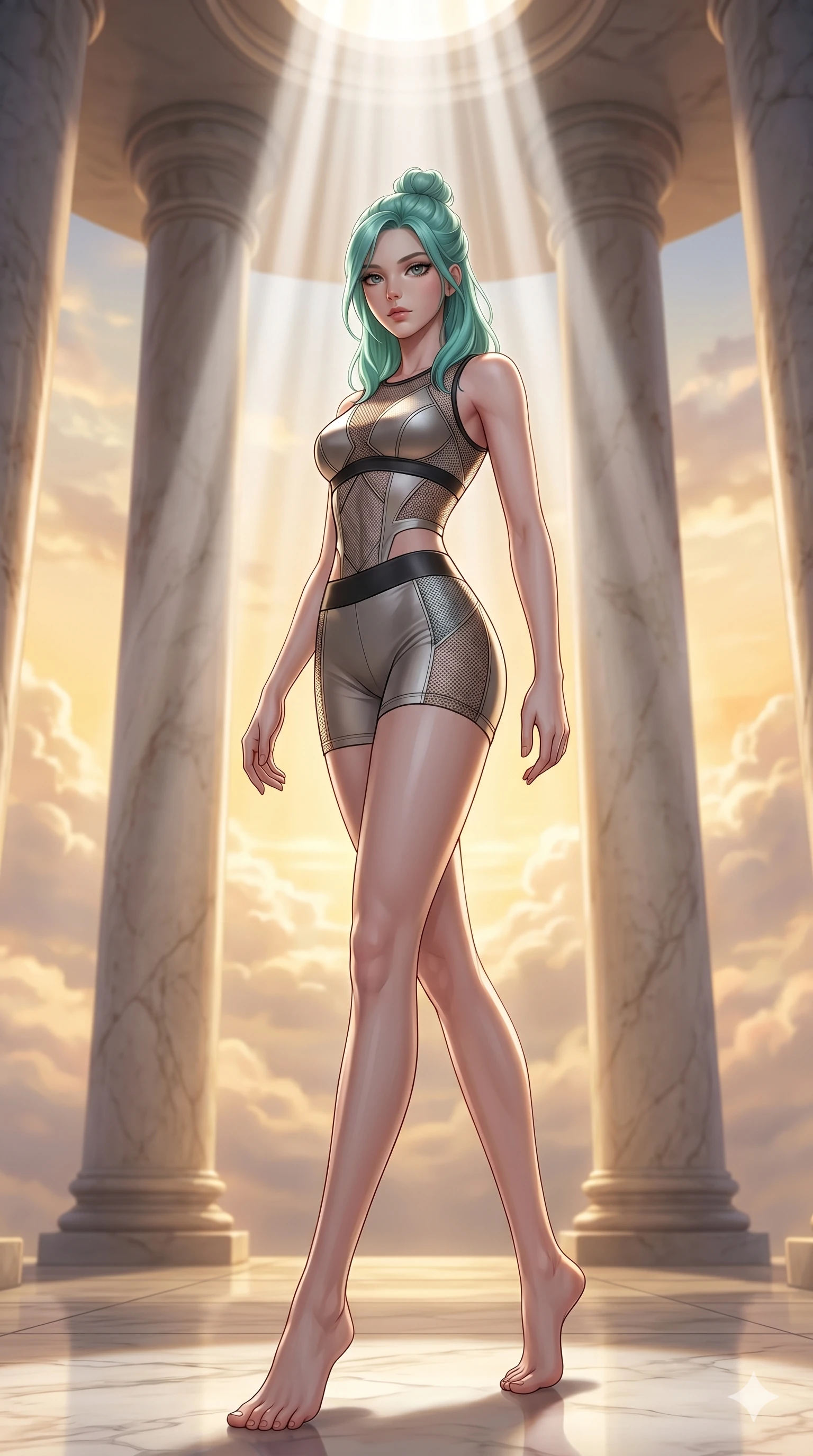 score_9, masterpiece, best quality, ultra-detailed, high-budget anime keyframe, editorial fashion photography, tasteful artistic composition, Japanese woman. low angle full-body shot from head to toe showing her feet, filling the entire 9:16 vertical frame with her statuesque presence, stretching her vertical silhouette. Stepping backward with a defensive yet elegant pose, her weight shifted dynamically within an ethereal sky sanctuary with towering marble pillars under a golden dawn. She has an absolutely perfect 8-heads proportion, an exceptionally tall and slender female figure with impossibly long slender legs and an ultra-slim waist. V-shaped jawline, high-bridge nose, intricate jewel-like eyes with depth, thick eyelashes, glossy lips with a natural sheen. wearing a precision-fitted performance top with geometric mesh paneling, worn with high-waist compression shorts. lit by a single overhead spotlight casting sharp volumetric rays of white light on her figure. 2k, ultra detail, master piece, 9:16 ratio