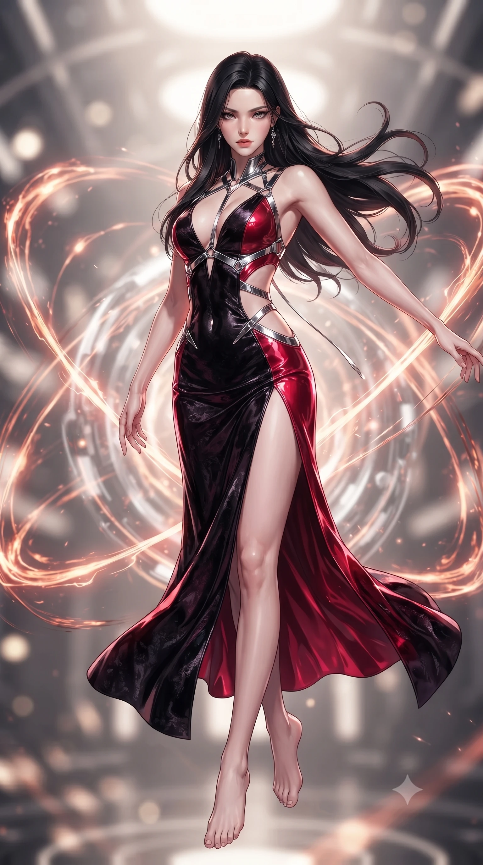 score_9, masterpiece, best quality, ultra-detailed, high-budget anime keyframe, editorial fashion photography, tasteful artistic composition, Korean woman. low angle full-body shot from head to toe showing her feet, filling the entire 9:16 vertical frame with her statuesque presence, stretching her vertical silhouette. performing an alluring mid-air vault with flawless poise, looking directly into the camera with smoldering intensity while levitating dynamically in the center of an anti-gravity quantum core as glowing plasma arcs swirl. The composition keeps background elements in soft focus with creamy bokeh. molten energy streams blurring smoothly into a high-energy futuristic backdrop. She has an absolutely perfect, statuesque 8.5-heads proportion, an exceptionally tall and slender model-like female figure with impossibly long slender legs and an ultra-slim waist. sharp v-shaped jawline, high-bridge nose, intricate jewel-like eyes with depth, thick eyelashes, glossy lips with a natural sheen, flawlessly proportioned anatomical accuracy, natural body alignment, perfectly sculpted elegant limbs, clean dynamic posture without body distortion. wearing a backless crushed velvet gown with a deep V-neckline, strategic hip cutouts, and an ultra-high thigh slit in glossy obsidian black and radiant crimson red, formed from high-gloss patent material with specular light reflections, reinforced by a sleek metallic chrome harness and delicate glowing micro-straps, the glove-like fit tightly following every curve of her statuesque athletic build. illuminated by intense volumetric energy beams and high-contrast specular reflections. ultra-reflective glossy finish, specular highlights, metallic sheen, high-contrast stereoscopic depth, volumetric dynamic lighting, 2k, ultra detail, master piece, 9:16 ratio