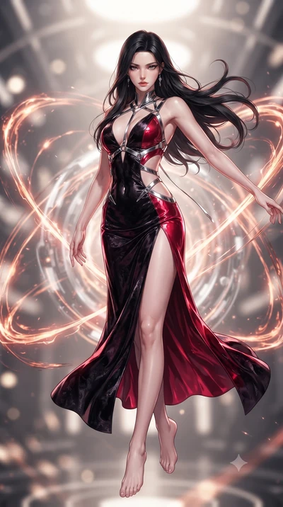 score_9, masterpiece, best quality, ultra-detailed, high-budget anime keyframe, editorial fashion photography, tasteful artistic composition, Korean woman. low angle full-body shot from head to toe showing her feet, filling the entire 9:16 vertical f