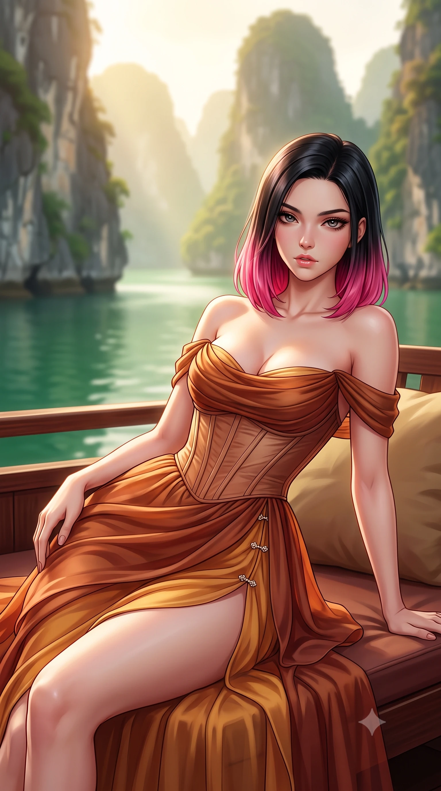 score_9, masterpiece, best quality, ultra-detailed, high-budget anime keyframe, semi-realistic 3D game render, editorial fashion photography, tasteful artistic composition, Korean woman. close-up cowboy shot from the waist and thighs up, the character dominates the composition, filling the frame with her large presence. leaning back with relaxed seductive grace, her sculpted collarbones and narrow waist highlighted as she casts smoldering bedroom-eyes directly into the camera while reclining on an outdoor mahogany daybed aboard the luxury wooden junk boat, arching her back as emerald karst islands rise dramatically from mist-shrouded jade waters. The composition keeps background elements in soft focus with creamy bokeh. towering jagged limestone karst pinnacles and jade green bay waters blurred into emerald, misty gold, and soft moss bokeh. She has an exceptionally elegant, slender, and willowy female figure with an ultra-slim waist, flat toned midriff, narrow ribcage, and sculpted feminine hips creating an alluring, slim hourglass silhouette without bulk. sharp v-shaped jawline, high-bridge nose, intricate jewel-like eyes with depth, thick eyelashes, glossy parted lips with a natural sheen, intensely captivating and seductive bedroom-eyes expression, flawlessly proportioned anatomical accuracy, strict slender model proportions, natural body alignment, perfectly sculpted long slender limbs, ultra-slim waistline, clean dynamic posture without body distortion. wearing an off-shoulder French court corset bodice dress paired with a tiered translucent chiffon slit skirt in rich copper bronze and warm amber, made of fluid silk crepe with delicate inner corsetry boning, finished with an ultra-high side slit secured by miniature jeweled clasps, the form-contouring material adhering flawlessly to her sculpted flat midriff and slender torso, emphasizing her long leg lines and perfectly proportioned willowy build. bathed in soft golden dawn sunlight filtering through sea mist between colossal limestone pillars. highly saturated vibrant anime colors, detailed shading with soft gradients, rich glossy textures, high-contrast stereoscopic depth, volumetric dynamic lighting, master piece, 9:16 ratio