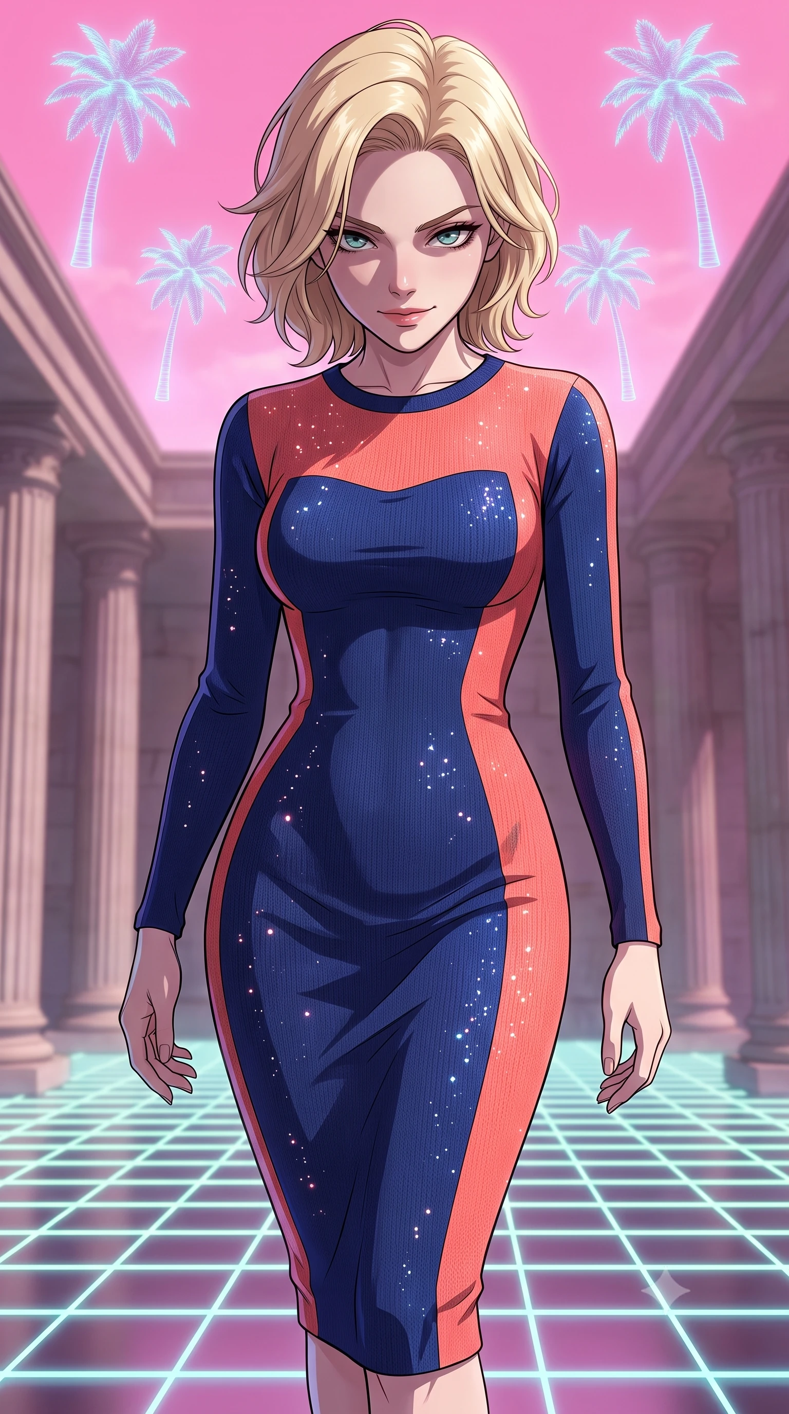 score_9, masterpiece, best quality, ultra-detailed, high-budget anime keyframe, clean line-art, cel-shading, Caucasian woman, strictly human ears. close-up cowboy shot from the waist and thighs up, the character dominates the composition, filling the frame with her large presence, background elements kept in soft focus. Looking down at the opponent with quiet, menacing intensity and a cold half-smile. set against a soft-focus background of a temple with classical columns, a neon grid floor, and holographic palm trees floating in a pink sky. She has an exceptionally elegant and slender, willowy female figure with an ultra-slim waist, a gracefully sculpted slender torso, and a refined slim physique. sharp v-shaped jawline, high-bridge nose, intricate jewel-like eyes with depth, thick eyelashes, glossy lips with a natural sheen. wearing catching and diffusing the glowing particles, shimmering softly in response to the surrounding light, a form-contouring precision-fitted long-sleeve knit midi dress in a vibrant color block of navy and warm coral, contouring her slender torso. cold silver moonlight filtered through translucent gossamer curtains casting delicate shadows. highly saturated vibrant anime colors, intense vivid color palette, volumetric dynamic lighting, 2k, ultra detail, master piece, 9:16 ratio