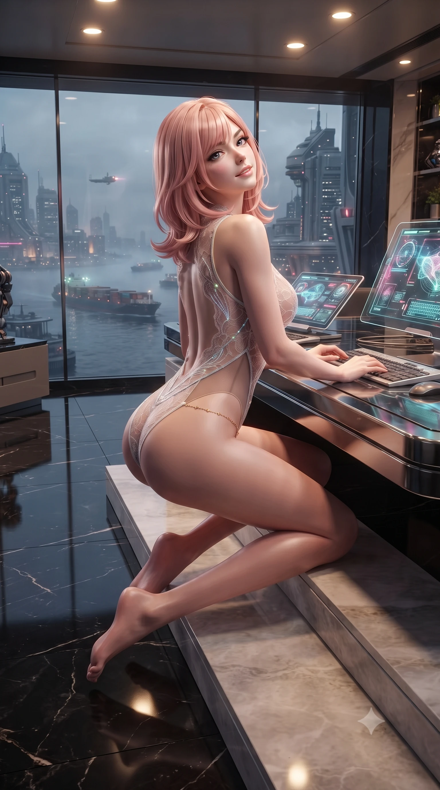 score_9, masterpiece, best quality, ultra-detailed, high-budget anime keyframe, editorial fashion photography, tasteful artistic composition, Japanese woman. low angle full-body shot from head to toe showing her feet, filling the entire 9:16 vertical frame with her statuesque presence, stretching her vertical silhouette. sitting poised on the stone steps with one knee bent, arching her spine with supermodel elegance as she glances upward through thick eyelashes while leaning against the high-gloss executive tactical terminal with hips cocked back, watching laser-guided cargo freighters slice through harbor fog with smoldering bedroom-eyes. The surrounding environment is rendered in vivid detail and crisp panoramic clarity: sharp black Marquina marble floor reflections, polished chrome desk edges, and intricate harbor skyline architecture through glass in deep focus. She has an exceptionally tall and slender model-like 8.5-heads proportion, an ultra-slim waist, a flat toned midriff, narrow delicate ribcage, and beautifully sculpted feminine hips creating a graceful, slim hourglass silhouette without any bulky heaviness, with impossibly long slender legs. sharp v-shaped jawline, high-bridge nose, intricate jewel-like sparkling eyes with depth, thick eyelashes, glossy parted lips with a natural peach sheen, bright cheerful beaming smile with an enchanting and coquettish sensual glint, exuding both youthful cute charm and seductive allure, flawlessly proportioned anatomical accuracy, strict slender model proportions, natural body alignment, perfectly sculpted long slender limbs, ultra-slim waistline, clean dynamic posture without body distortion. wearing an alluring backless sheer lace combat leotard with high-cut leg openings and delicate fiber-optic embroidery framing her spine in holographic prismatic pearl and aerospace white, featuring strategic sheer-illusion tulle side panels framing her ribcage and hips, accented with a dainty gold belly chain resting across her flat midriff and curving hips, the precision-cut side openings and low-back scoop framing her graceful spine and the sensual sweep of her slim, toned hips. bathed in warm 2700K recessed ceiling spotlights combined with the cool multi-colored nightscape radiance of the harbor. ultra-reflective glossy finish, specular highlights, rich textural contrasts, high-contrast stereoscopic depth, volumetric dynamic lighting, 2k, ultra detail, master piece, 9:16 ratio