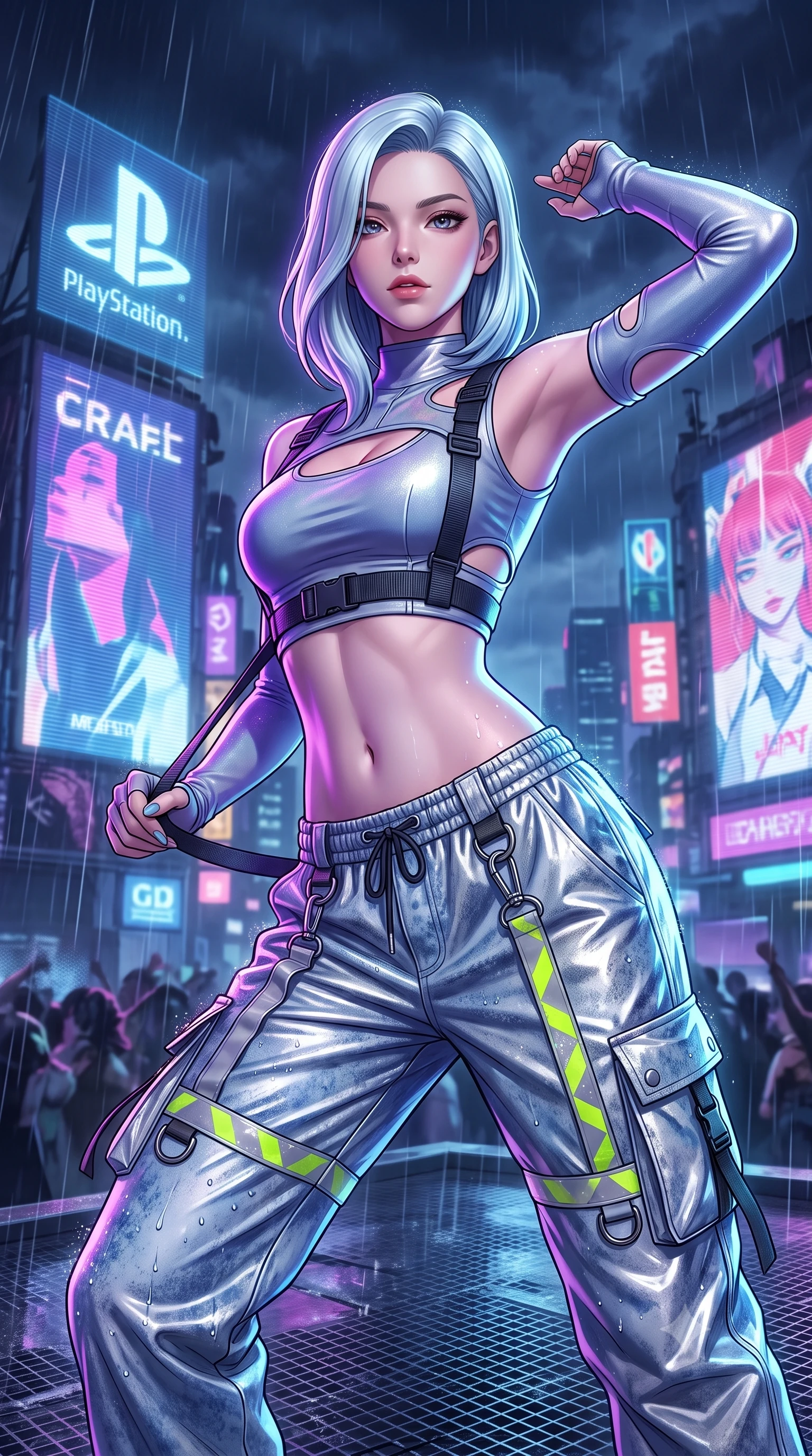 score_9, masterpiece, best quality, ultra-detailed, high-budget anime keyframe, semi-realistic 3D game render, editorial fashion photography, tasteful artistic composition, Korean woman. close-up cowboy shot from the waist and thighs up, the character dominates the composition, filling the frame with her large presence. leaning forward with playful, captivating grace, her sculpted collarbones and slender neckline highlighted by directional light while pivoting with energetic street-dance momentum as giant holographic animated logos flash across the night sky behind her. The surrounding environment is rendered in vivid detail and crisp panoramic clarity. sharp holographic projection scanlines, rain droplets beaded on metallic cargo pants, and rooftop grating in deep focus. She has an exceptionally elegant, slender, and willowy female figure with an ultra-slim waist, a gracefully sculpted slender torso, toned flat midriff, and a refined slim silhouette. sharp v-shaped jawline, high-bridge nose, intricate jewel-like eyes with depth, thick eyelashes, glossy lips with a natural sheen, captivating and magnetic expression, flawlessly proportioned anatomical accuracy, strict slender model proportions, natural body alignment, perfectly sculpted long slender limbs, ultra-slim waistline, clean dynamic posture without body distortion. wearing a sporty asymmetrical sleeve-warmer crop top with low-slung metallic parachute track pants in acid-wash light denim blue and silver chrome, crafted from flexible reflective spandex and tactical webbing, finished with reflective safety hazard tape details and carabiner clips, the precision-cut daring openings accentuating her delicate midriff, graceful bare collarbones, and ultra-slim feminine waistline. surrounded by a vibrant, fearless, and passionately energetic Y2K party queen aura. highly saturated vibrant anime colors, detailed shading with soft gradients, rich glossy textures, high-contrast stereoscopic depth, volumetric dynamic lighting, master piece, 9:16 ratio