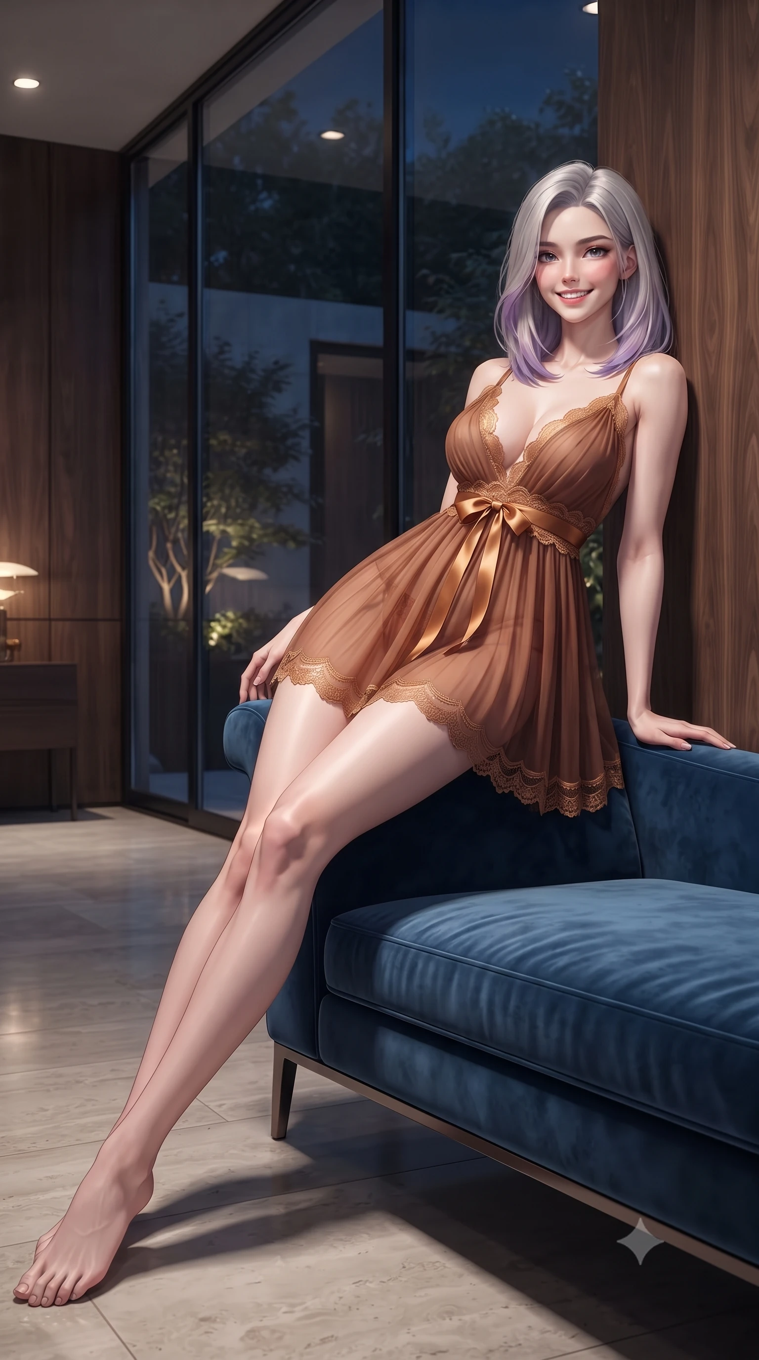 score_9, masterpiece, best quality, ultra-detailed, high-budget anime keyframe, editorial fashion photography, tasteful artistic composition, Caucasian woman. low angle full-body shot from head to toe showing her feet, filling the entire 9:16 vertical frame with her statuesque presence, stretching her vertical silhouette. reclining gracefully across the plush chaise lounge with one leg extended, her sculpted silhouette and flat midriff radiating magnetic nocturnal glamour while leaning against the glass wall overlooking the private courtyard with hips cocked back, casting a smoldering bedroom-gaze. The background shows a soft-focus vintage walnut wood paneling softened in architectural collector shallow focus. She has an exceptionally tall and slender model-like 8.5-heads proportion, an ultra-slim waist, a flat toned midriff, narrow delicate ribcage, and beautifully sculpted feminine hips creating a graceful, slim hourglass silhouette without any bulky heaviness, with impossibly long slender legs. sharp v-shaped jawline, high-bridge nose, intricate jewel-like sparkling eyes with depth, thick eyelashes, glossy parted lips with a natural peach sheen, bright cheerful beaming smile with an enchanting and coquettish sensual glint, exuding both youthful cute charm and seductive allure, flawlessly proportioned anatomical accuracy, strict slender model proportions, natural body alignment, perfectly sculpted long slender limbs, ultra-slim waistline, clean dynamic posture without body distortion. wearing a sheer pleated chiffon baby-doll dress with a plunging sweetheart neckline and satin ribbon waist tie in warm cinnamon silk and burnished gold, made of fluid liquid jersey with seamless sculpting hold and smooth contours, finished with scalloped eyelash lace trim framing her sweetheart neckline with intimate elegance, the second-skin tailored fabric adhering flawlessly to her sculpted flat midriff and slender torso, emphasizing her long leg lines and perfectly proportioned willowy build. illuminated by travertine floor bounce and sharp flame-gold rim lights defining her razor-sharp jawline, narrow waist, and curvy hips. ultra-reflective glossy finish, specular highlights, rich textural contrasts, high-contrast stereoscopic depth, volumetric dynamic lighting, 2k, ultra detail, master piece, 9:16 ratio