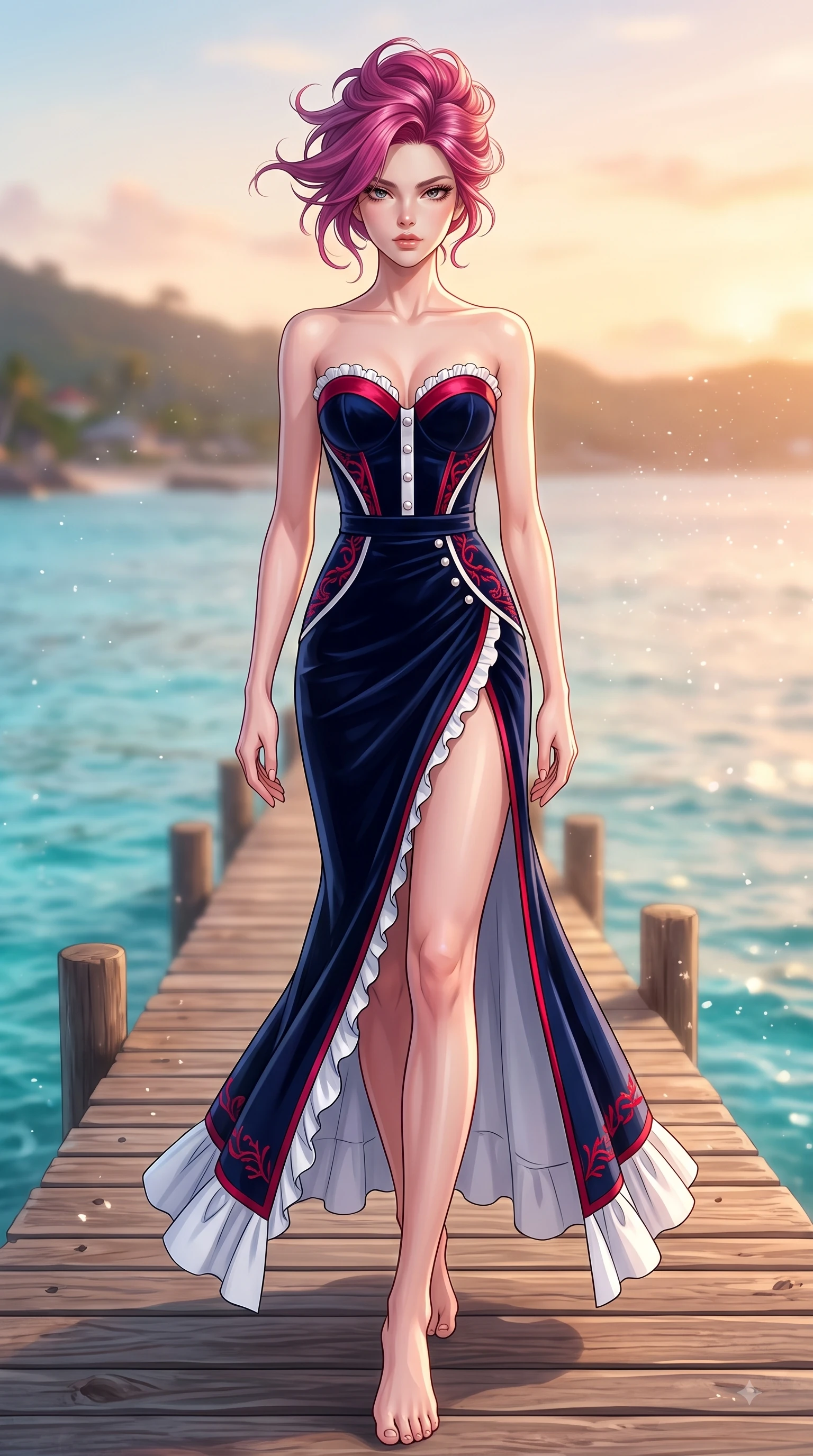 score_9, masterpiece, best quality, ultra-detailed, high-budget anime keyframe, editorial fashion photography, tasteful artistic composition, Caucasian woman. low angle full-body shot from head to toe showing her feet, filling the entire 9:16 vertical frame with her statuesque presence, stretching her vertical silhouette. Haughty, chic expression with a poised chin-tilt and an aloof, magnetic gaze commanding attention while walking dynamically along a wooden pier over crystal turquoise ocean waters. The composition keeps background elements in soft focus with dreamy bokeh. sea spray mist particles scattering warm sunset light into a soft backdrop. She has an absolutely perfect, statuesque 8.5-heads proportion, an exceptionally tall and slender model-like female figure with impossibly long slender legs and an ultra-slim waist. sharp v-shaped jawline, high-bridge nose, intricate jewel-like eyes with depth, thick eyelashes, glossy lips with a natural sheen, flawlessly proportioned anatomical accuracy, natural body alignment, perfectly sculpted elegant limbs, clean dynamic posture without body distortion. wearing a sleek dark navy velvet bustier gown with a deep slit and metallic accents in vibrant crimson red and crisp snow white, tailored from crisp high-density cotton poplin, accented with delicate pearl buttons and refined ruffle trims, the tailored fit highlighting her statuesque and model-like silhouette. surrounded by an majestic, emotional, and breathtaking coastal editorial aura. highly saturated vibrant anime colors, detailed shading with soft gradients, rich glossy textures, high-contrast stereoscopic depth, volumetric dynamic lighting, master piece, 9:16 ratio