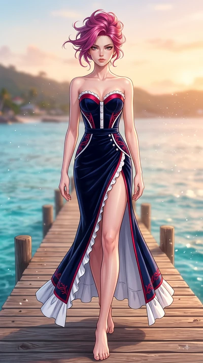 score_9, masterpiece, best quality, ultra-detailed, high-budget anime keyframe, editorial fashion photography, tasteful artistic composition, Caucasian woman. low angle full-body shot from head to toe showing her feet, filling the entire 9:16 vertica