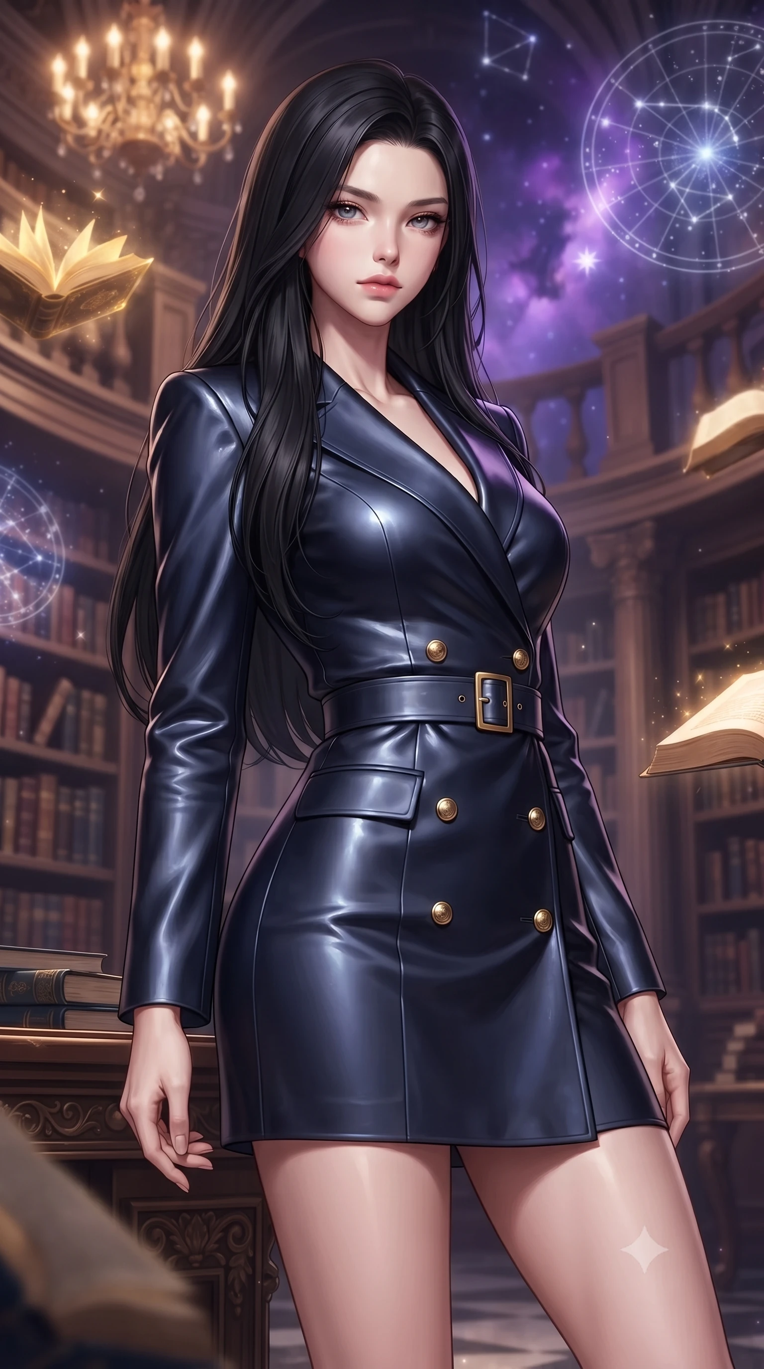 score_9, masterpiece, best quality, ultra-detailed, high-budget anime keyframe, editorial fashion photography, tasteful artistic composition, Korean woman woman. close-up cowboy shot from the waist and thighs up, the character dominates the composition, filling the frame with her large presence, background elements kept in soft focus. She has an exceptionally elegant, slender, and willowy female figure with an ultra-slim waist, a gracefully sculpted slender torso, and a refined silhouette. leaning back effortlessly against the surrounding architecture with an air of magnetic superiority, flawlessly proportioned anatomical accuracy, natural body alignment, perfectly sculpted elegant limbs, clean dynamic posture without body distortion. set against a soft-focus background of a grand baroque library with floating golden books and star charts. wearing a sophisticated navy double-breasted blazer dress with gold button accents. bathed in warm ambient chandelier glow contrasting with deep space nebula purple light. ultra-reflective glossy finish, specular highlights, metallic sheen, high-contrast stereoscopic depth, volumetric dynamic lighting, 2k, ultra detail, master piece, 9:16 ratio