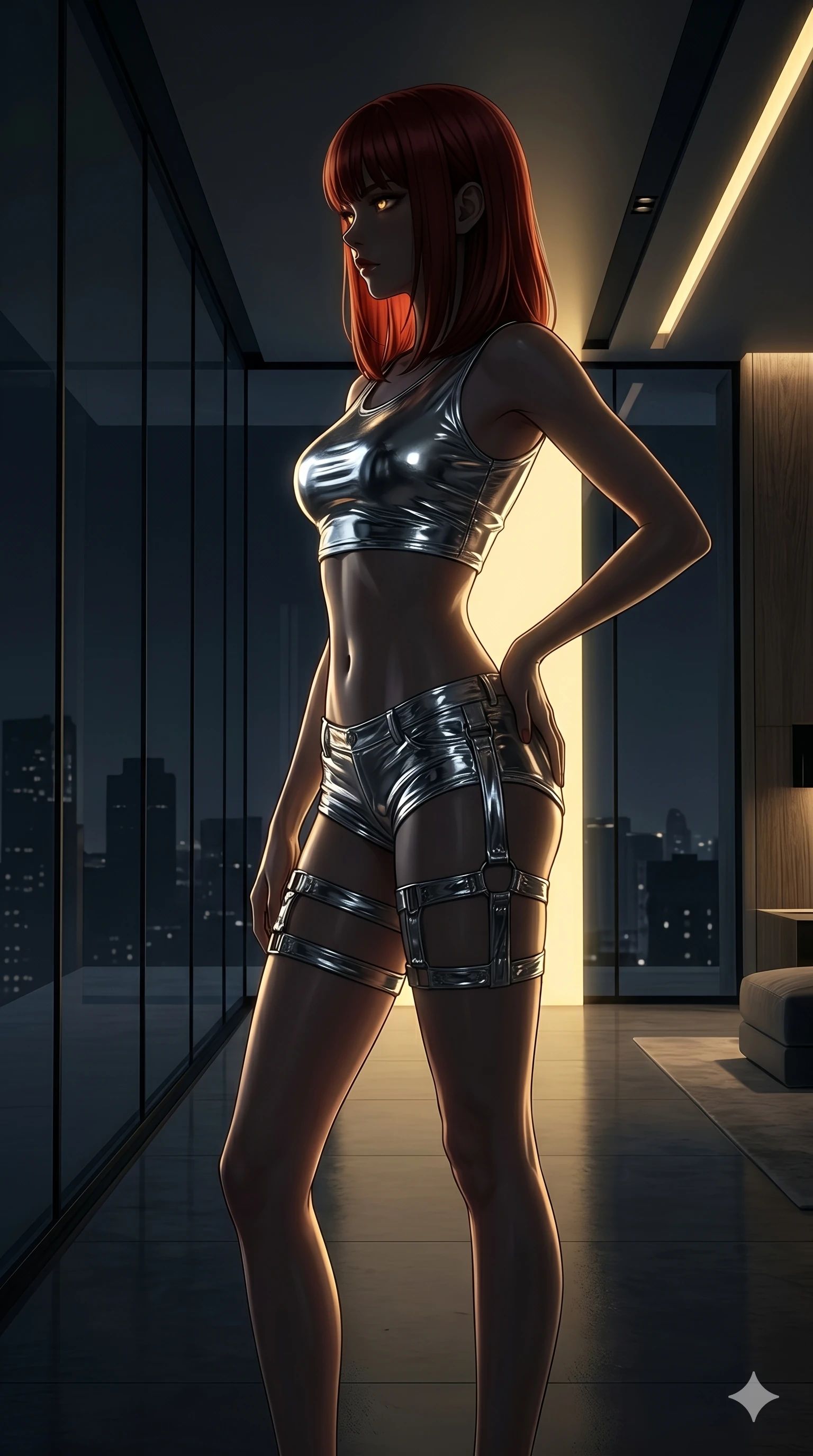 score_9, masterpiece, best quality, ultra-detailed, high-budget anime keyframe, editorial fashion photography, tasteful artistic composition, Caucasian woman, strictly human ears. cowboy shot from the thighs up, character and outfit filling the frame for maximum editorial presence. standing in a sharp profile against the light, her eyes glowing with a quiet, menacing self-assurance within a luxurious minimalist penthouse with floor-to-ceiling glass walls (Scenario Code H-34). She has an absolutely perfect 8-heads proportion, an exceptionally tall and slender female figure with impossibly long slender legs and an ultra-slim waist. V-shaped jawline, high-bridge nose, intricate jewel-like eyes with depth, thick eyelashes, glossy lips with a natural sheen. wearing a wet-look metallic silver crop top paired with ultra-low-rise micro-shorts and a matching thigh harness. bathed in a dramatic chiaroscuro with a single golden key light cutting through the shadows. 2k, ultra detail, master piece, 9:16 ratio