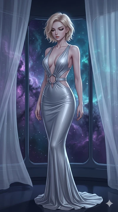 score_9, masterpiece, best quality, ultra-detailed, high-budget anime keyframe, editorial fashion photography, tasteful artistic composition, Caucasian woman, strictly human ears. cowboy shot from the thighs up, character and outfit filling the frame