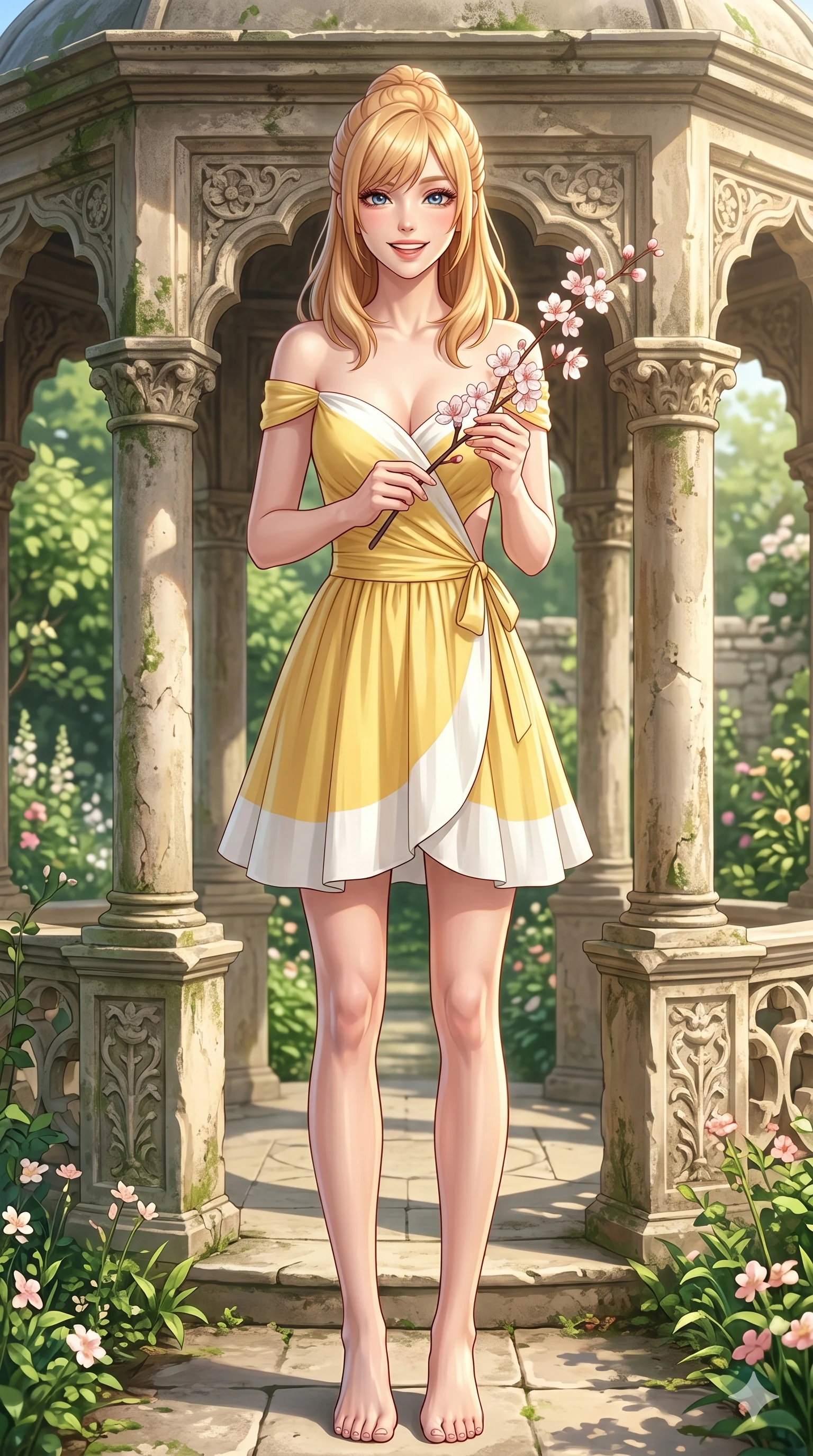 score_9, masterpiece, best quality, ultra-detailed, high-budget anime keyframe, editorial fashion photography, tasteful artistic composition, Caucasian woman, strictly human ears. cowboy shot from the thighs up, character and outfit filling the frame for maximum editorial presence. holding a small flowers branch, looking at the camera with a bright, joyful smile inside a historic stone pavilion surrounded by green gardens. She has an absolutely perfect 8-heads proportion, an exceptionally tall and slender female figure with impossibly long slender legs and an ultra-slim waist. V-shaped jawline, high-bridge nose, intricate jewel-like eyes with depth, thick eyelashes, glossy lips with a natural sheen. wearing a yellow and white cotton wrap dress with a tasteful side cutout and bare shoulders. drenched in morning sunlight casting a soft, clean glow over the stone pavilion. 2k, ultra detail, master piece, 9:16 ratio